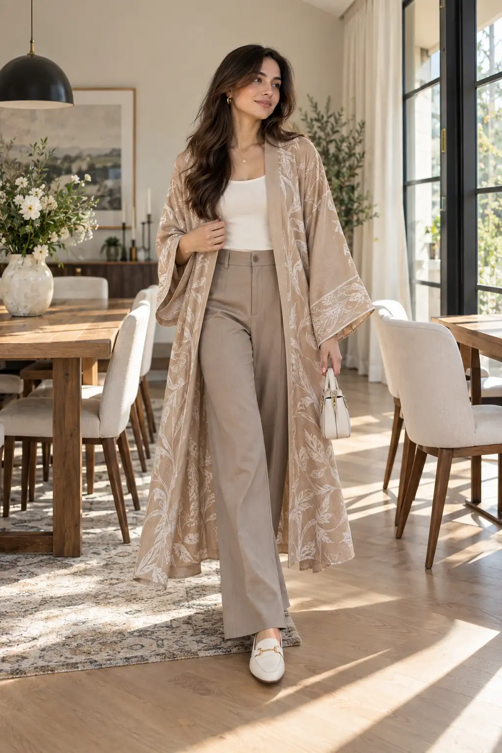 Woman wearing a flowing kimono-style duster over fitted trousers and a modest tank top in a bright stylish home