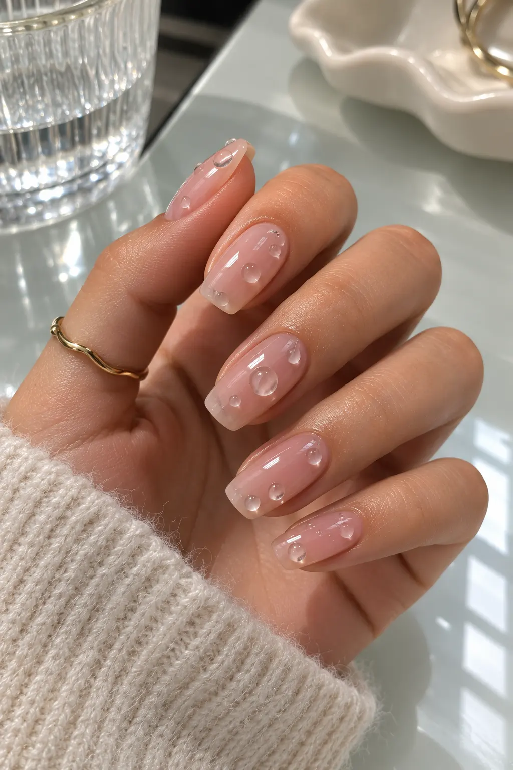 Clear milky-pink squoval nails decorated with raised transparent jelly bubbles and glossy water-drop details.