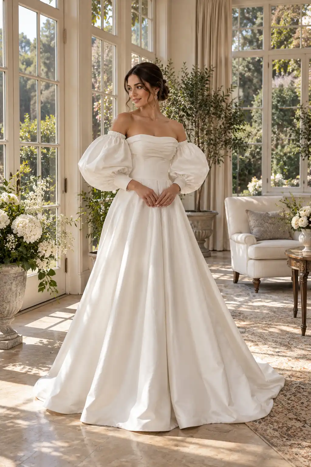 Romantic bride wearing an ivory off-shoulder wedding gown with voluminous puff sleeves and a clean flowing skirt in a bright elegant home interior.