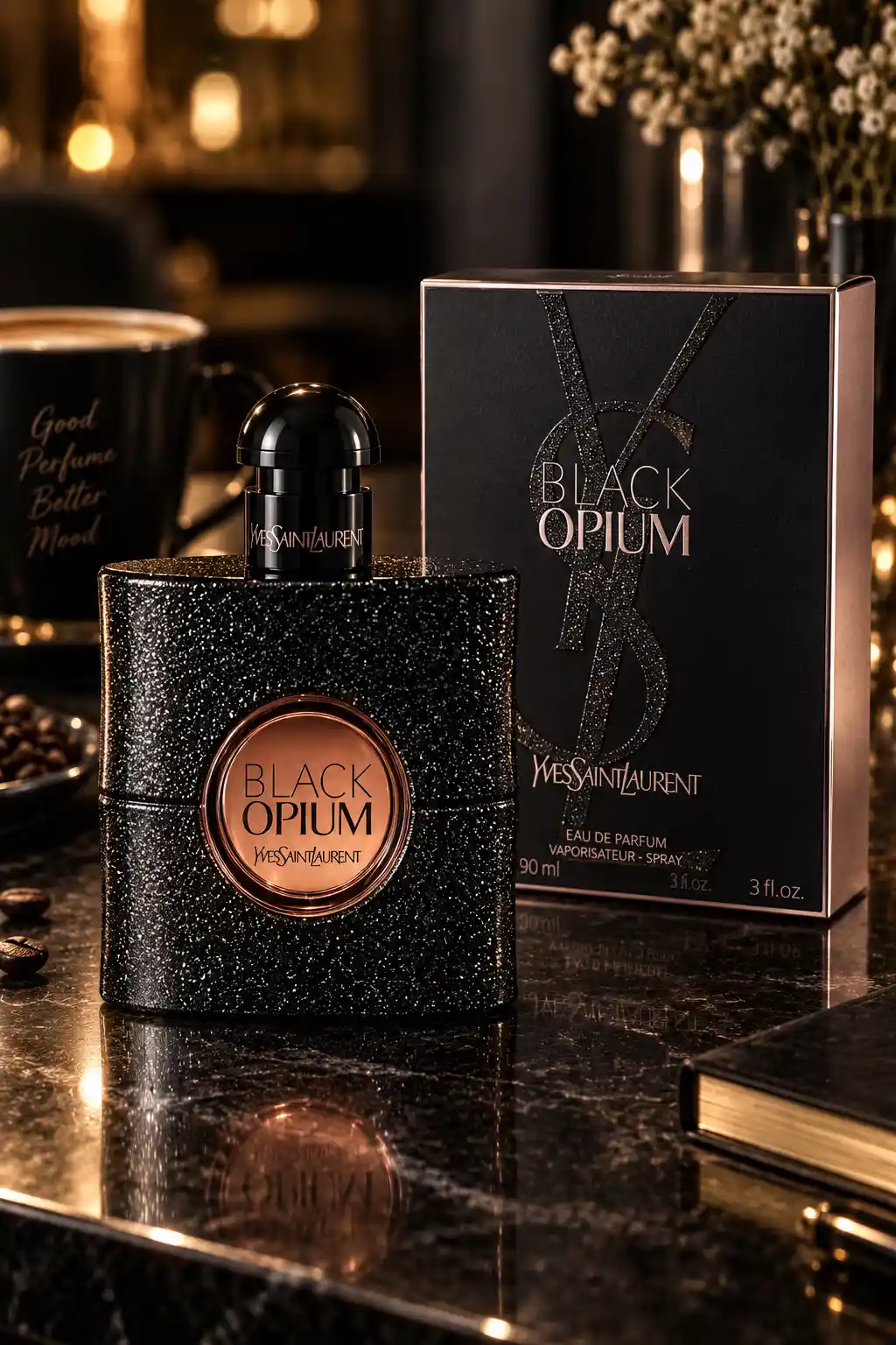 Yves Saint Laurent Black Opium perfume bottle and original fragrance box displayed in a dark luxurious setting, highlighting the black glitter bottle and bold coffee and vanilla-inspired fragrance aesthetic.