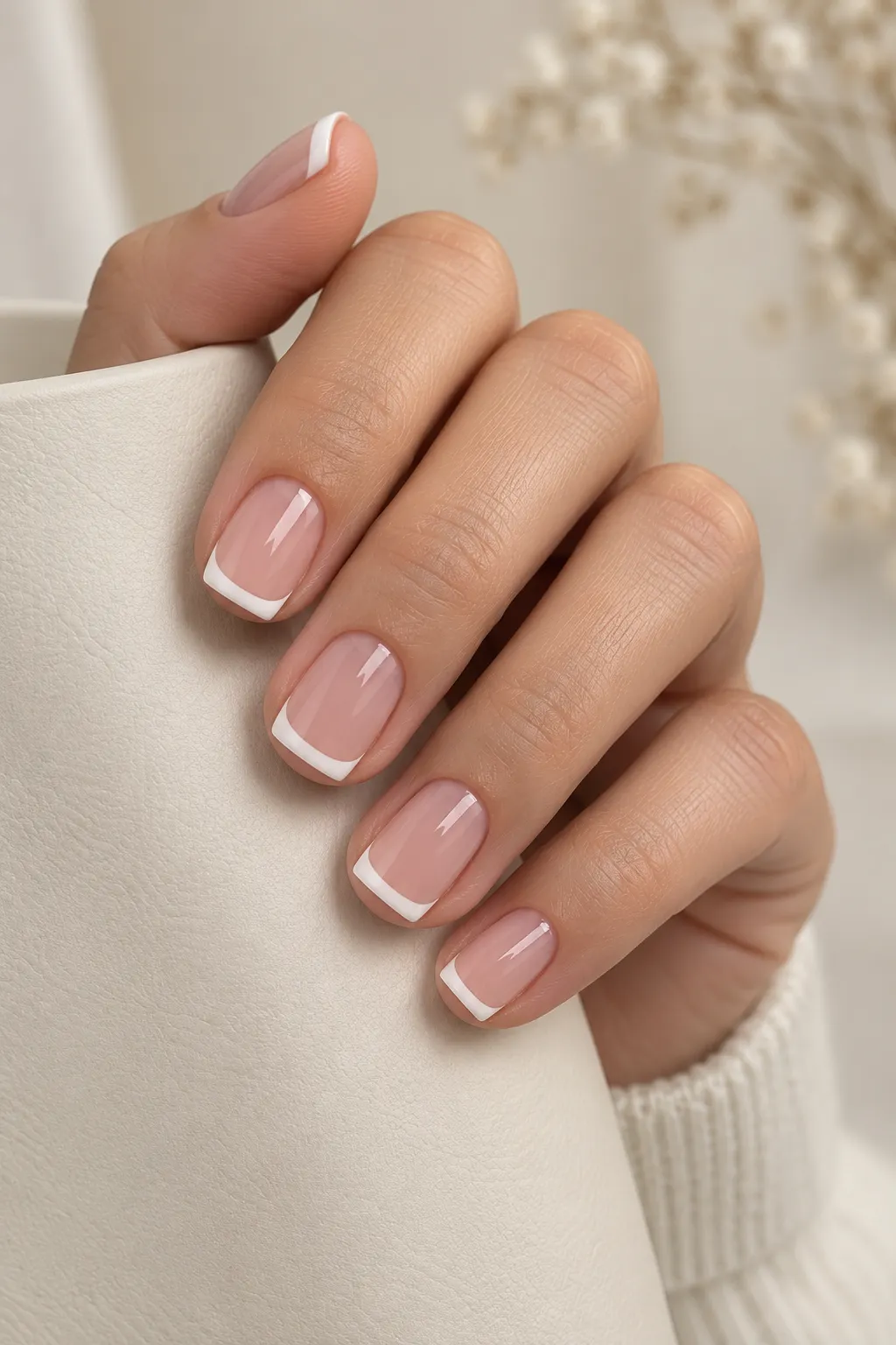 Short square nails featuring a classic French manicure with sheer nude-pink bases and crisp white tips.