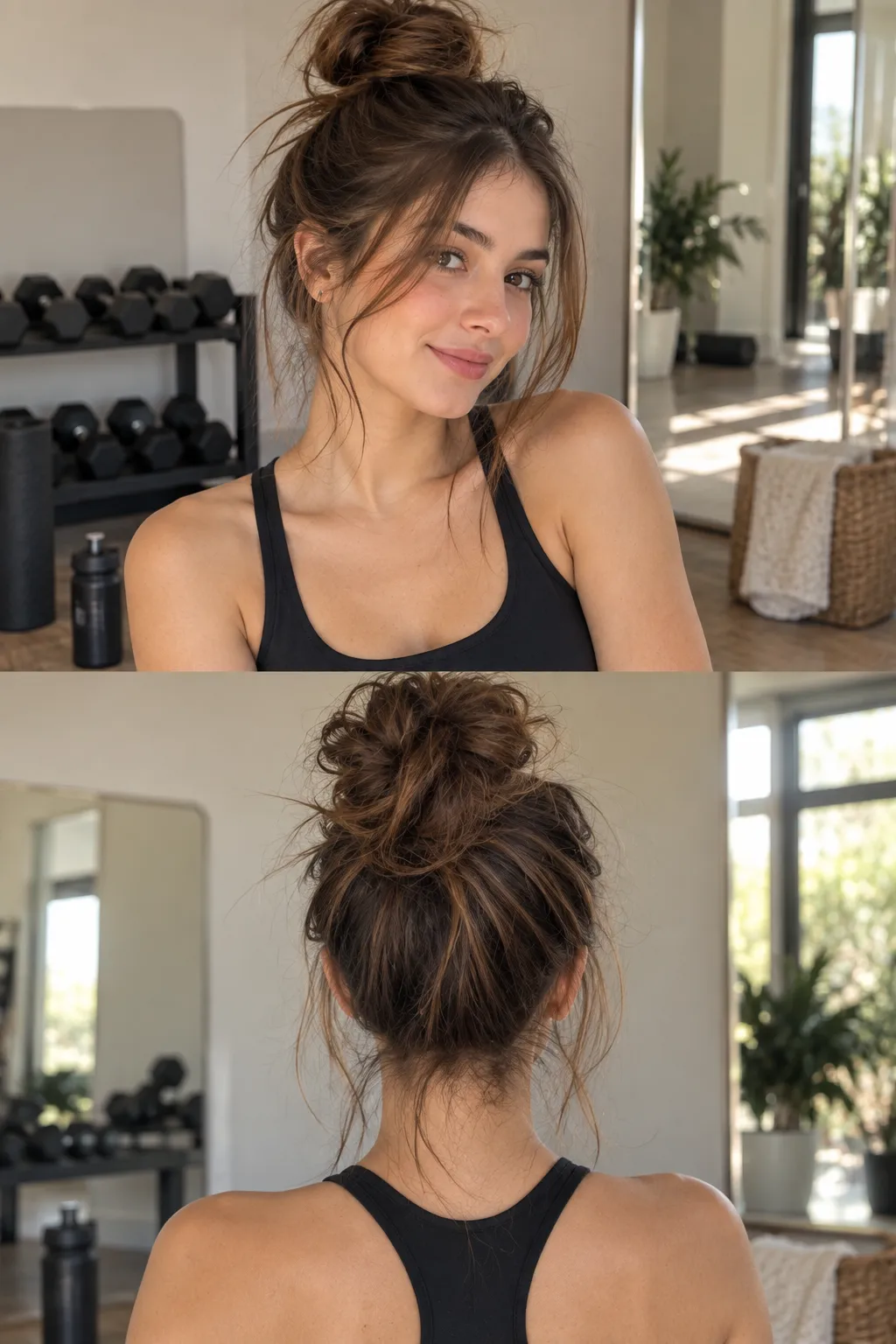 Casual messy top knot hairstyle with loose strands, natural texture, and a relaxed high bun, shown from front and back.