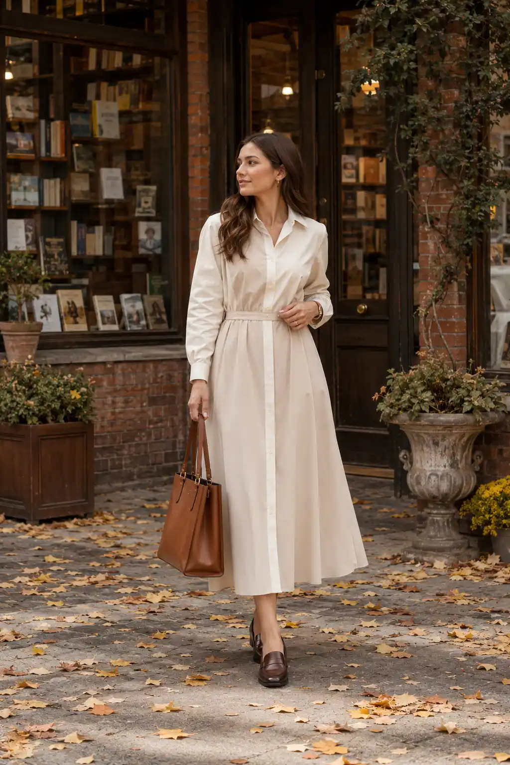 Young woman wearing a sophisticated beige and ivory shirt dress with dark leather loafers and a structured cognac tote while walking outside an autumn bookstore.