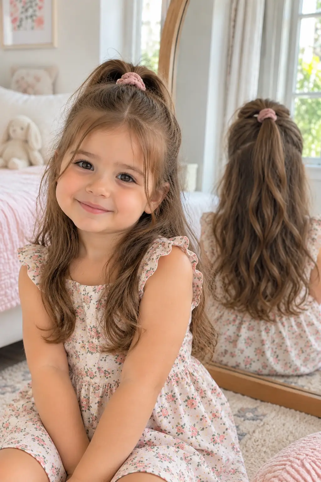 Toddler girl wearing a simple half-up ponytail with the upper section secured at the back while the rest of her medium-length hair remains loose.
