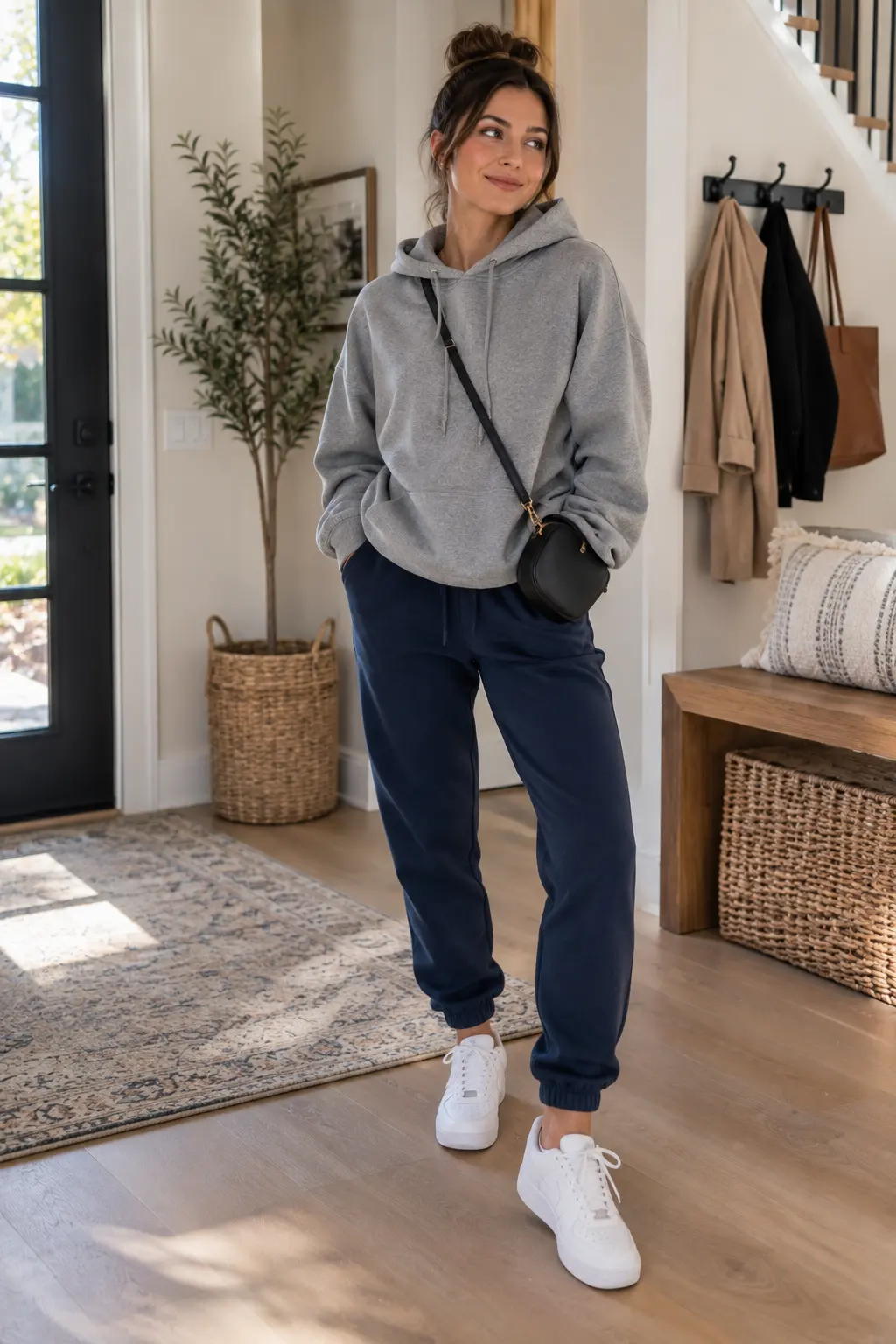 Woman wearing navy blue joggers with an oversized grey hoodie, white sneakers, and a small crossbody bag in a bright modern home entryway.