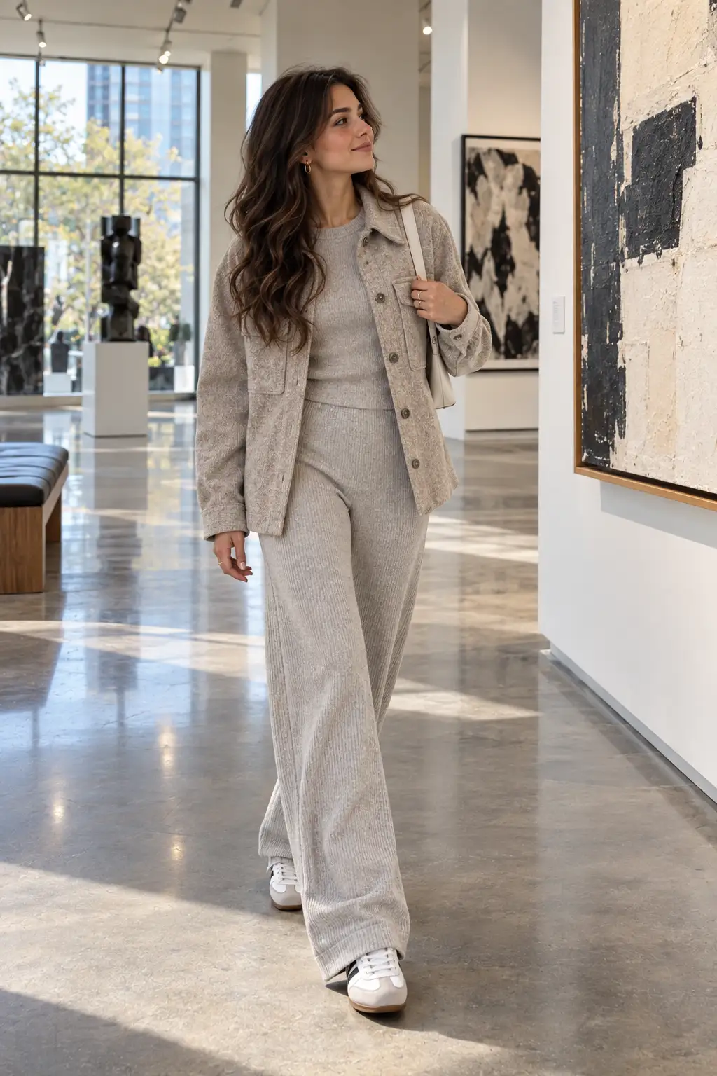 Woman wearing a monochrome neutral knit top and pants set layered with an open shacket and white ballet-inspired sneakers for a polished fall look.