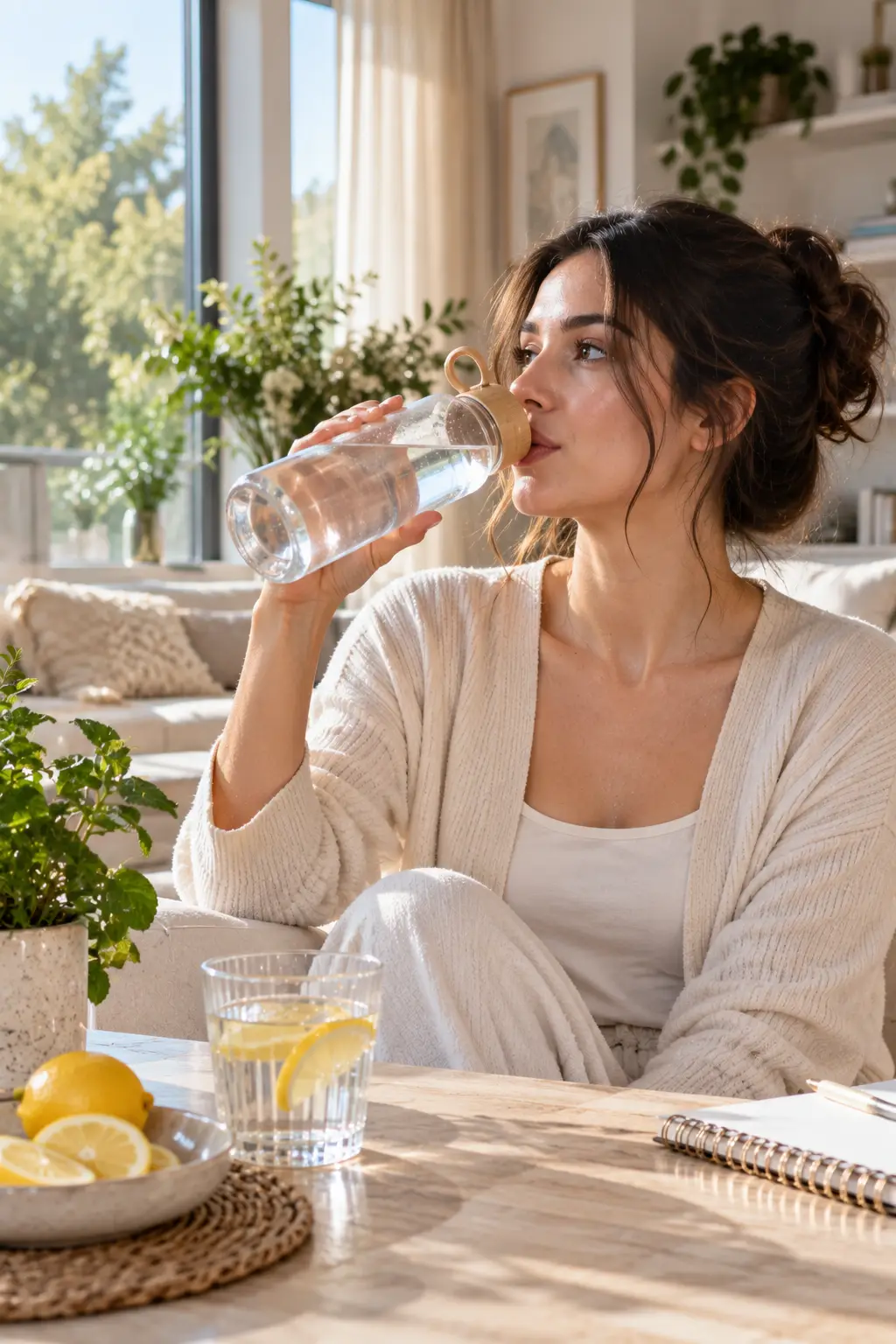 Healthy young woman drinking water from a reusable glass bottle beside a bright window, with a refreshing glass of water and lemon nearby.