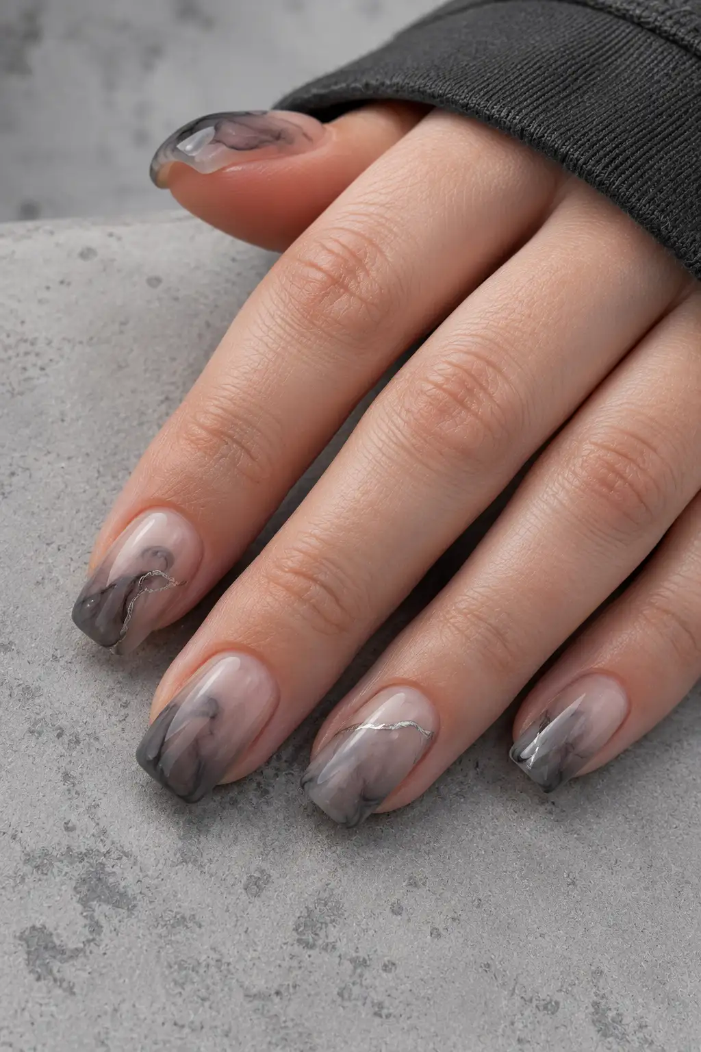 Translucent squoval nails with soft charcoal smoke patterns, subtle gray ink effects, and delicate silver marble veins.