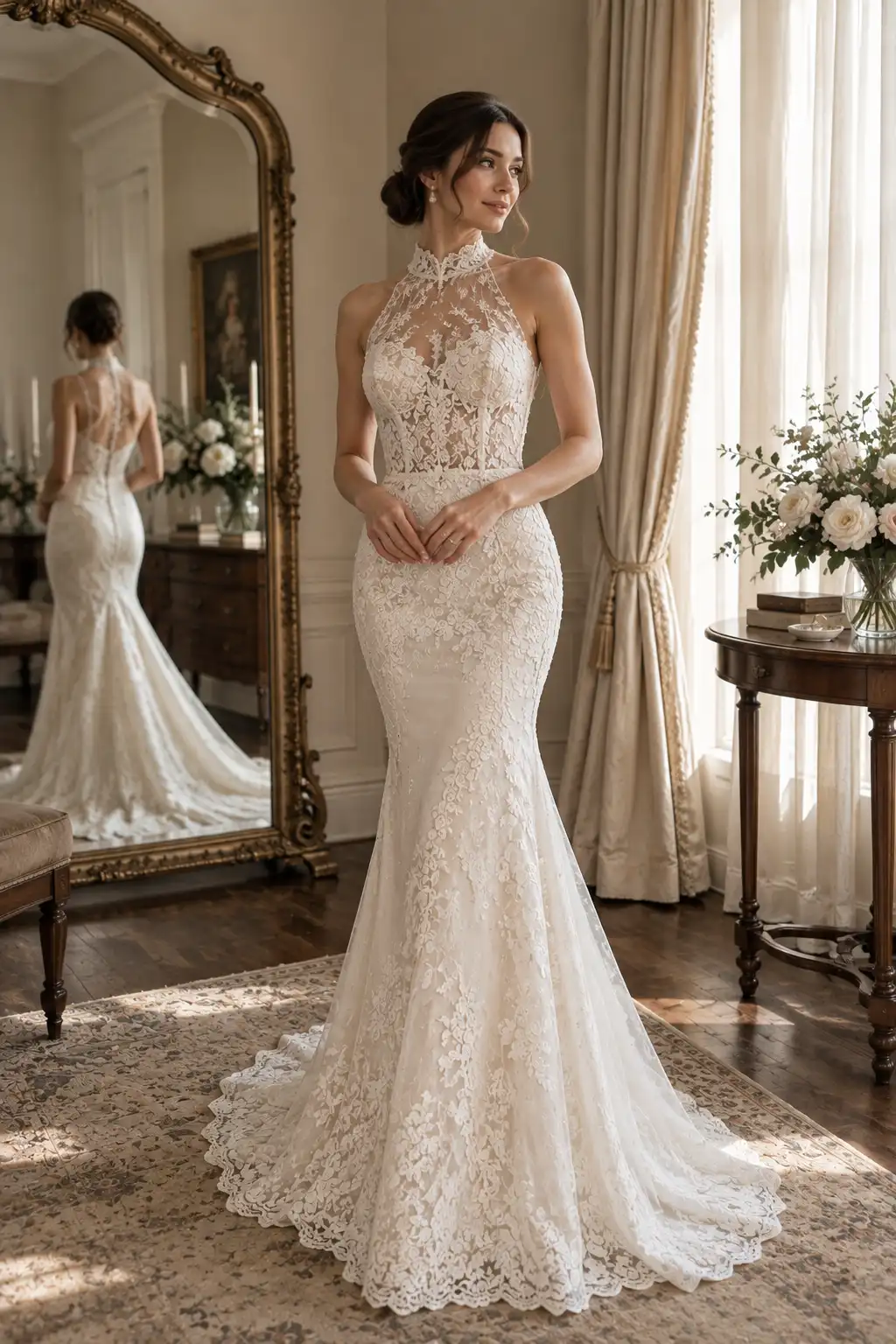 Elegant bride wearing an ivory wedding gown with a high-neck illusion lace bodice, delicate floral lace details, and a fitted floor-length skirt.