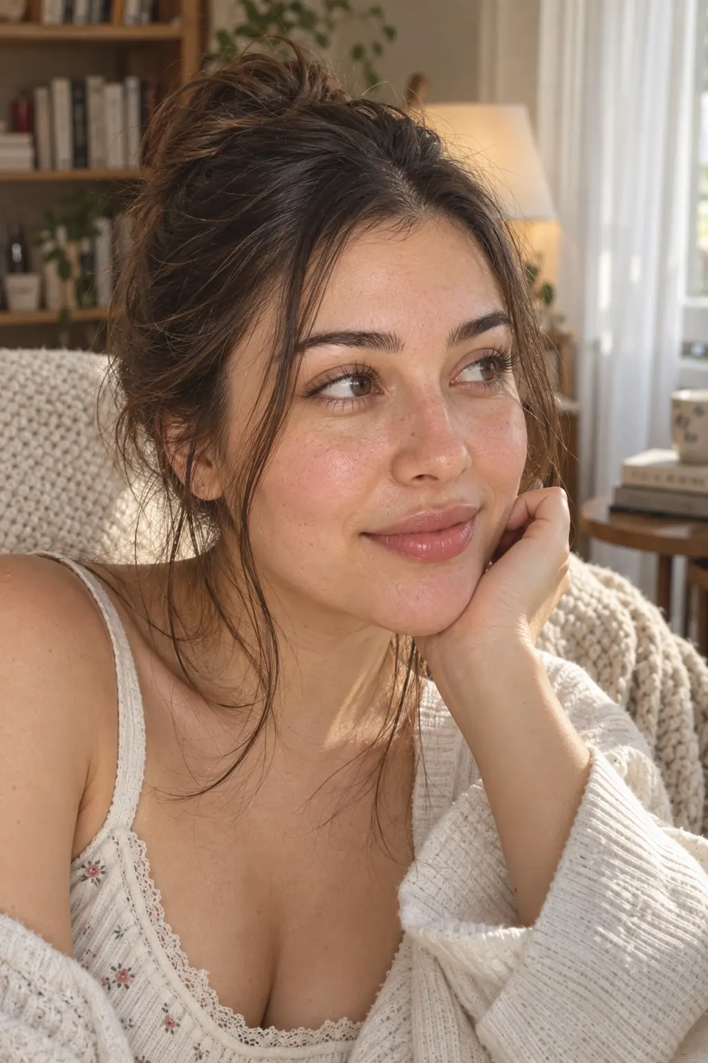 Close-up portrait of a young woman wearing barely-there concealer under the eyes and around the sides of the nose while keeping the rest of her complexion natural, fresh, and lightly hydrated.