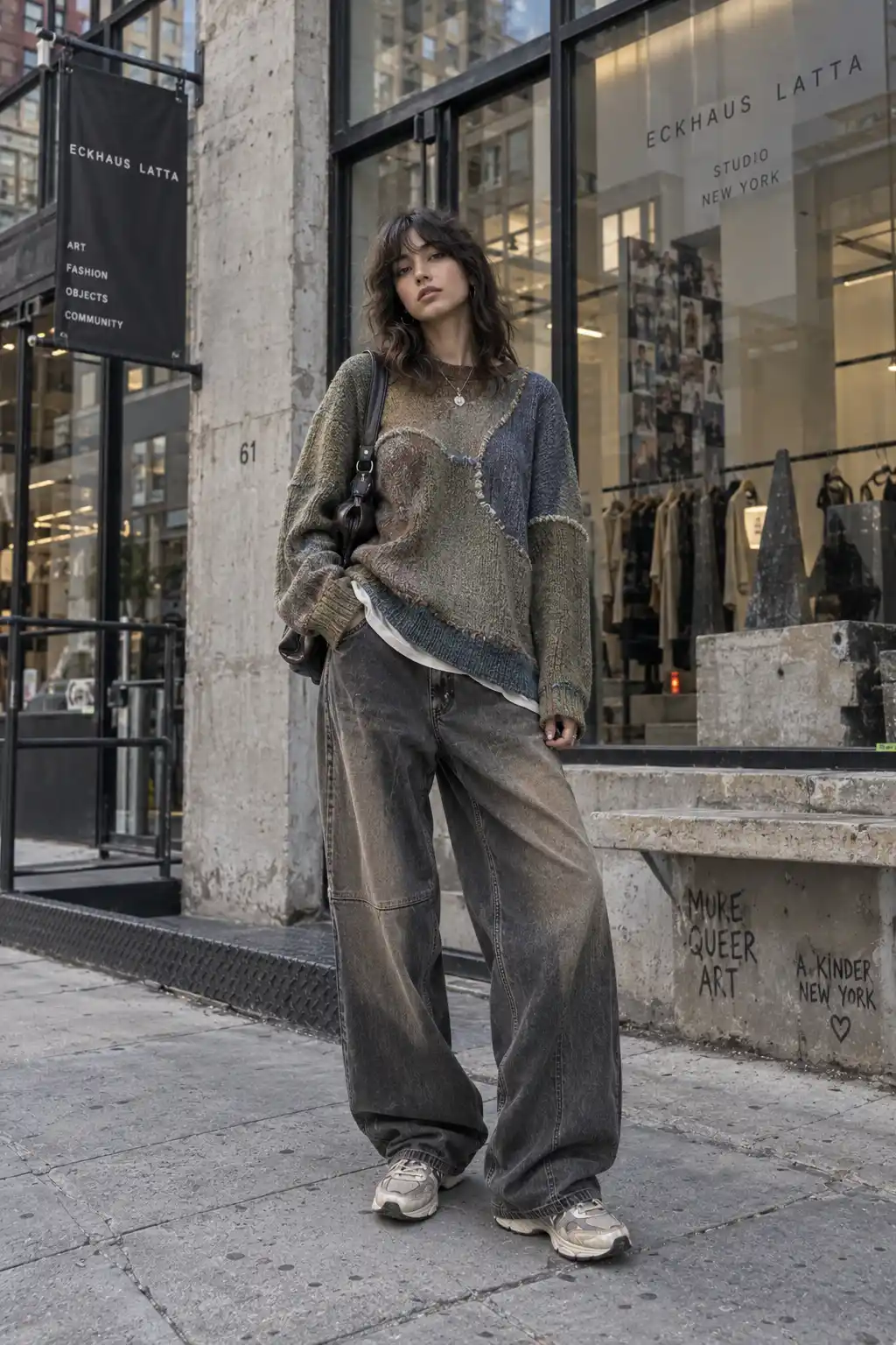 Eckhaus Latta-inspired gender-fluid women's streetwear look featuring an oversized textured knit sweater, relaxed trousers, minimalist sneakers, layered styling, and an experimental New York fashion studio.