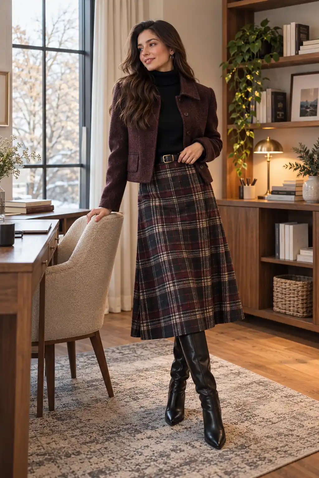 Woman wearing a plaid midi skirt with a fitted black turtleneck, leather belt, tall boots and a short wool jacket
