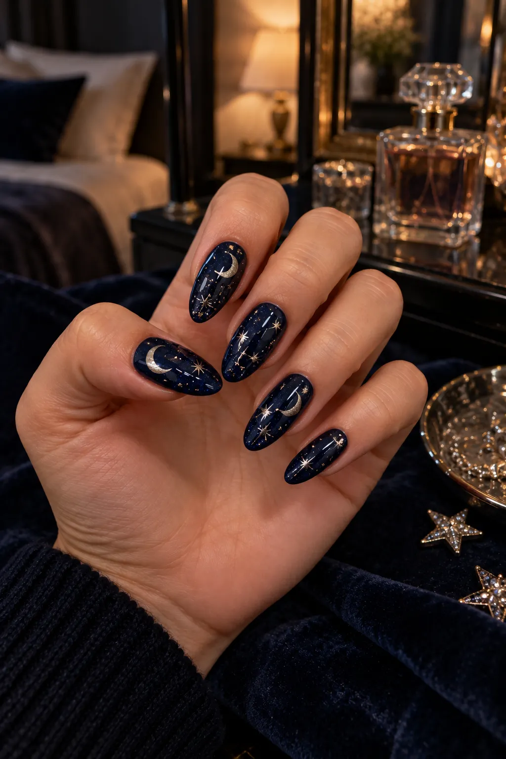 Deep navy blue nails with tiny silver moons, stars and glitter dots for a witchy Halloween look
