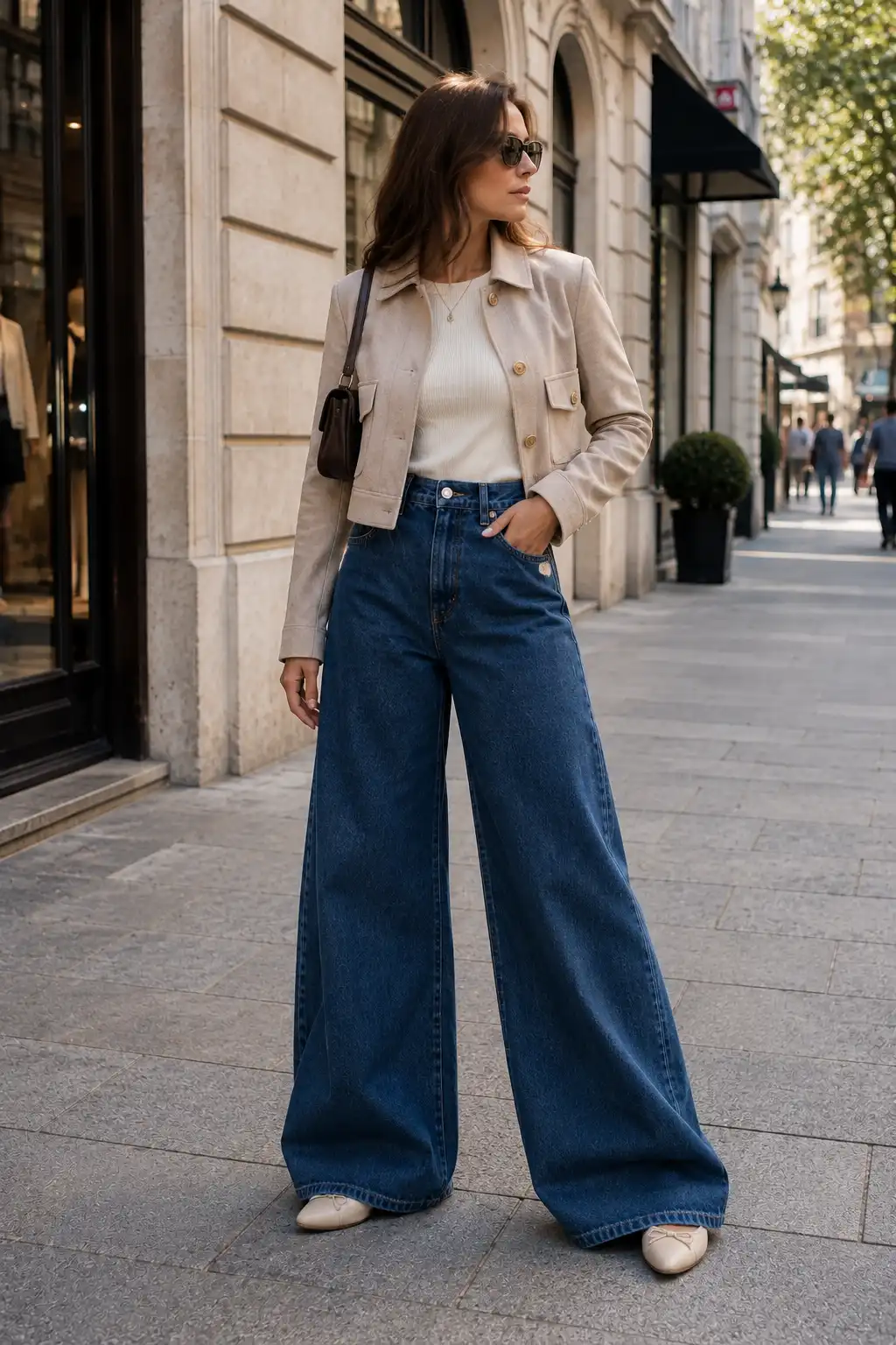 Adult woman styling wide-leg blue jeans with extremely flat minimalist shoes, demonstrating how footwear proportions can affect the overall balance and appearance of different jeans silhouettes.