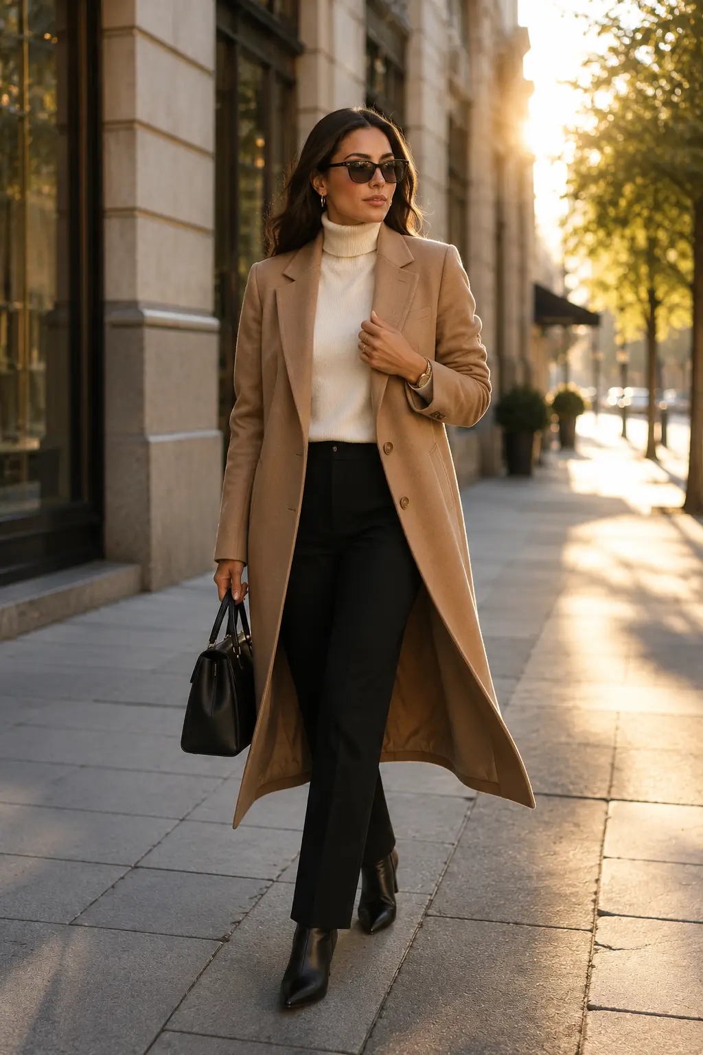 A stylish woman wearing a long camel wool coat over an ivory turtleneck and tailored black trousers, finished with black leather boots and a structured handbag.