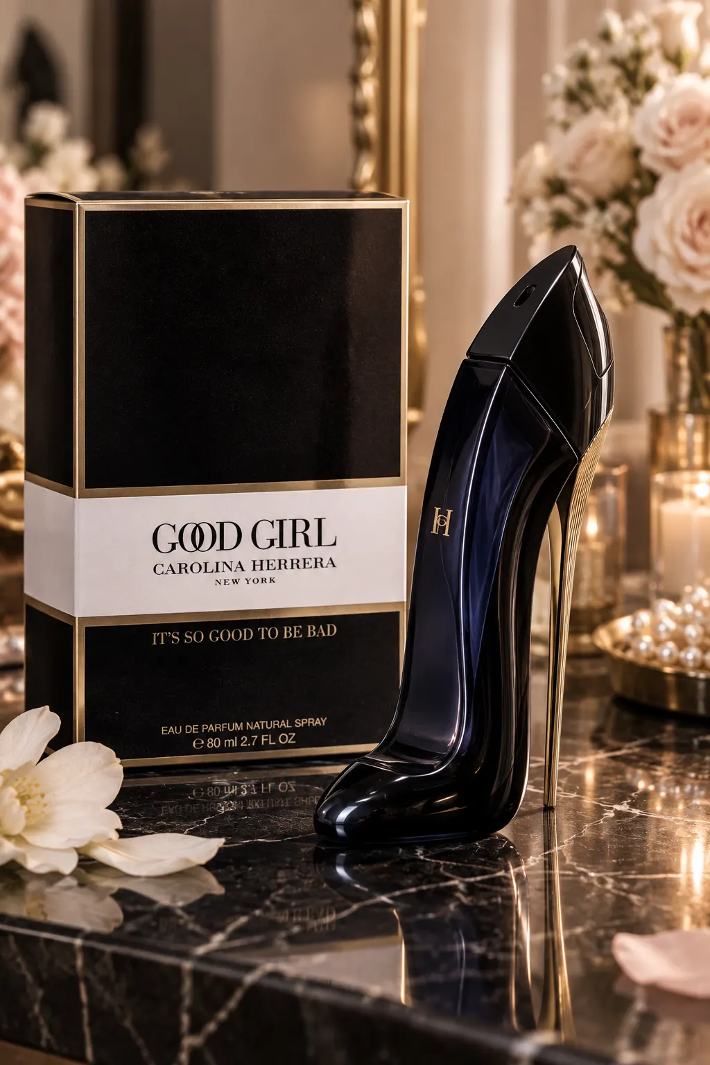 Carolina Herrera Good Girl perfume bottle and original fragrance box displayed in an elegant luxury setting, featuring the iconic high heel-shaped bottle and sophisticated feminine fragrance design.