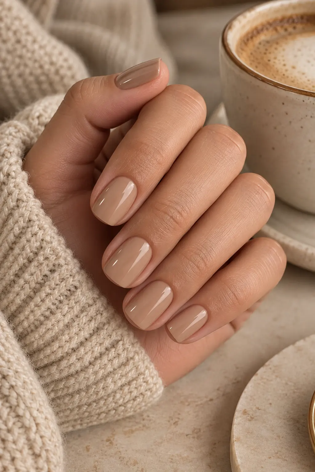Short square nails painted in a warm café au lait latte nude shade with creamy beige and caramel undertones.