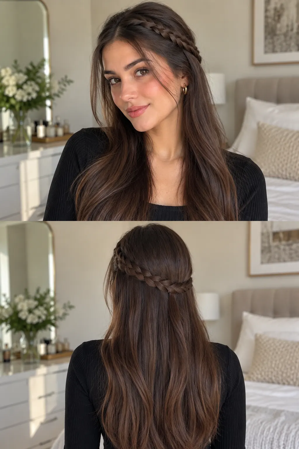 Easy braided headband hairstyle featuring a small braid pulled back from the front while the rest of the hair remains loose and natural.