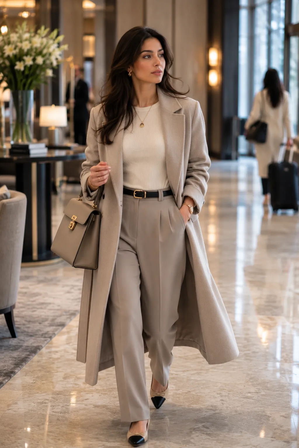 A confident woman walks calmly through a modern hotel lobby wearing a tailored neutral outfit, demonstrating how deliberate movement and relaxed body language can create a more composed impression.