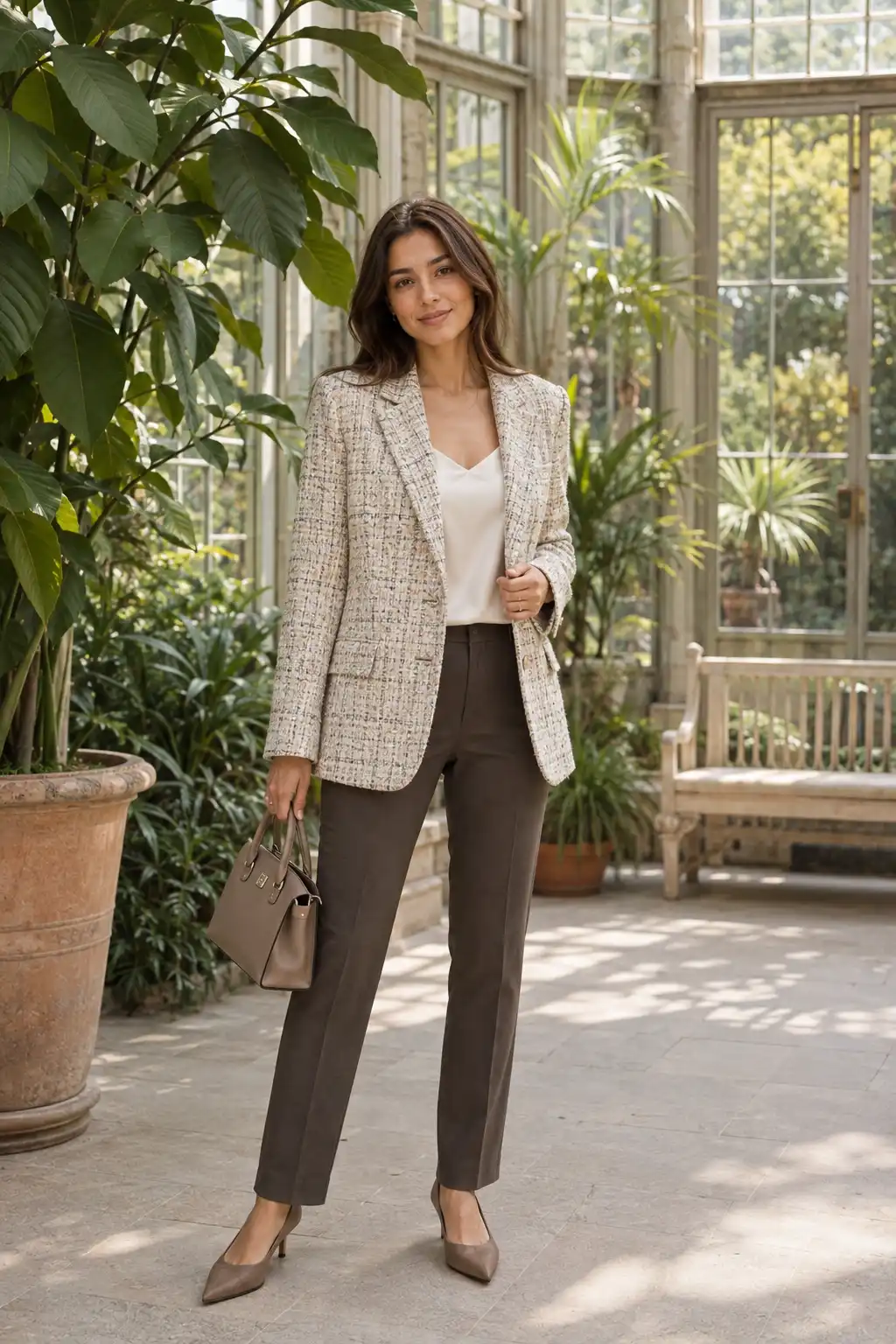Young woman wearing a cream and taupe tweed blazer, ivory camisole, slim charcoal trousers, pointed heels, and a taupe handbag in a sunlit botanical conservatory.