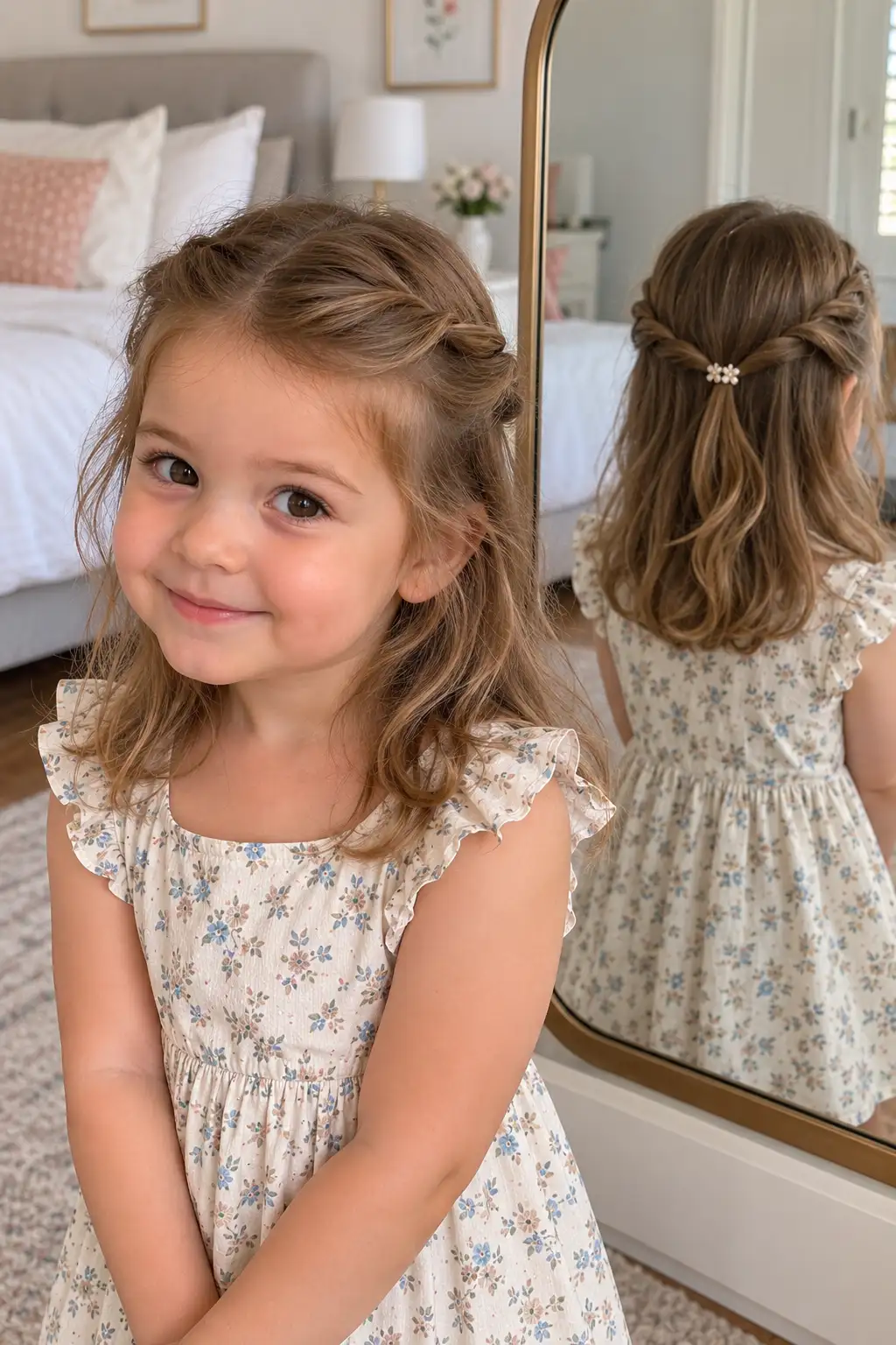Toddler girl with two small front hair sections twisted backward and pinned behind her head while the rest of her hair stays open and natural.