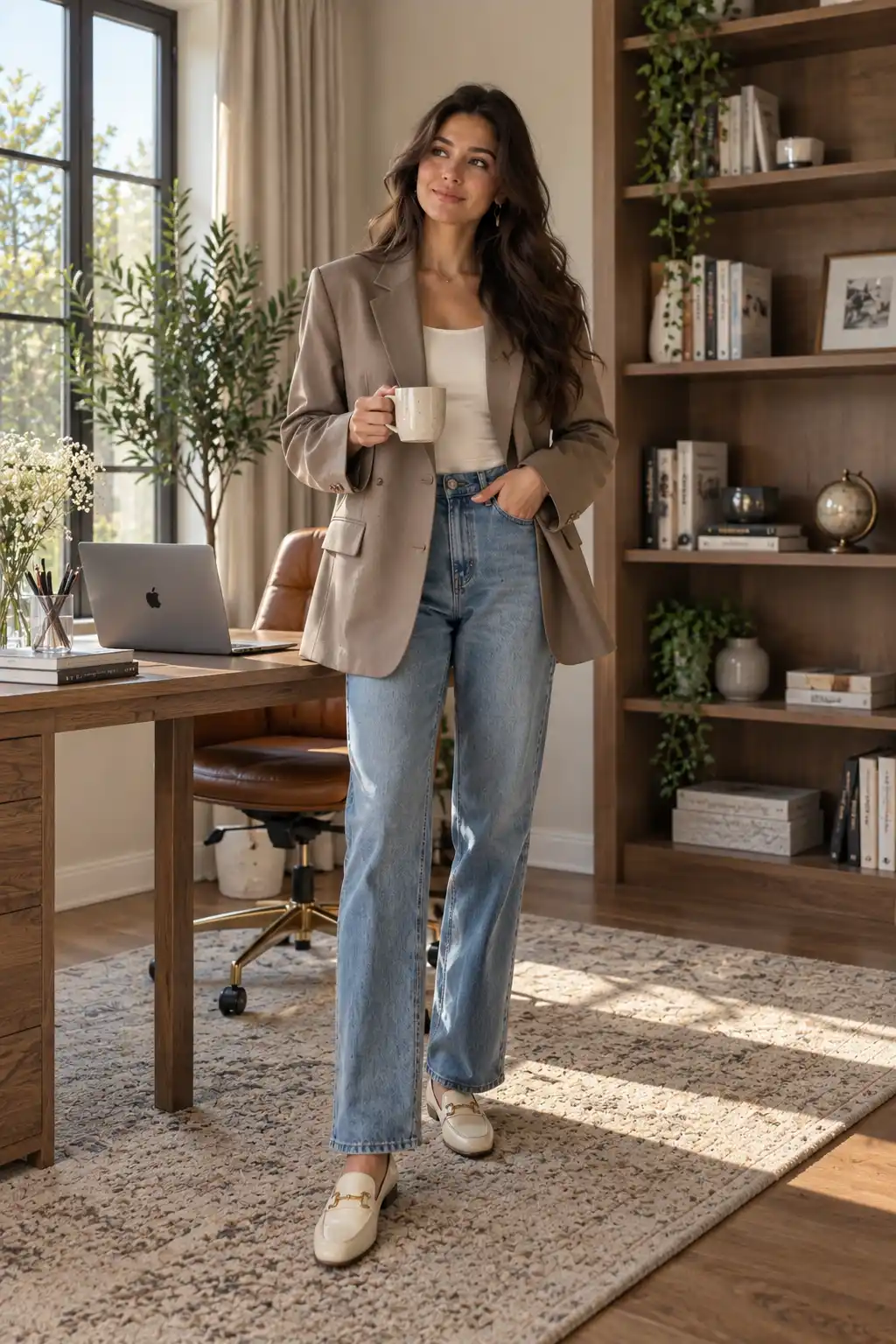 Tall woman wearing an oversized tailored blazer over a fitted top with straight-leg jeans and loafers, showing how relaxed tailoring can complement a tall body shape.
