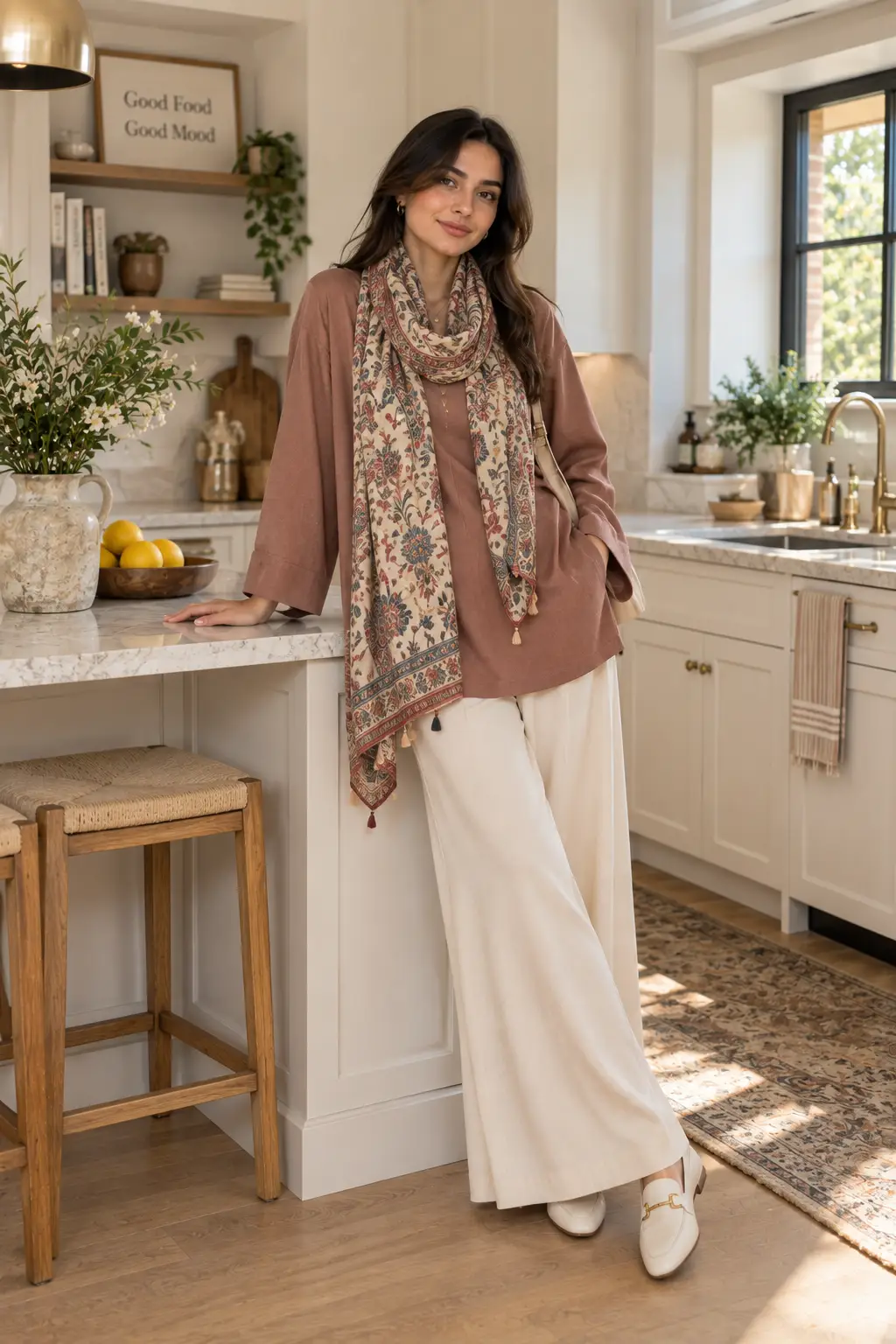 Stylish woman wearing wide palazzo pants with a modest tunic and statement scarf in a contemporary home kitchen