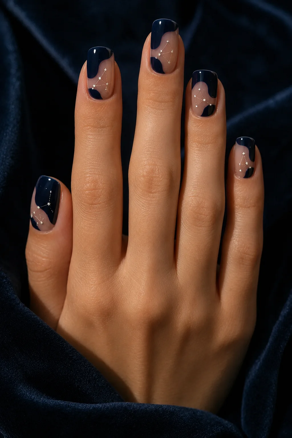 Deep midnight navy squoval nails with irregular negative-space sections and tiny silver constellation lines and stars.