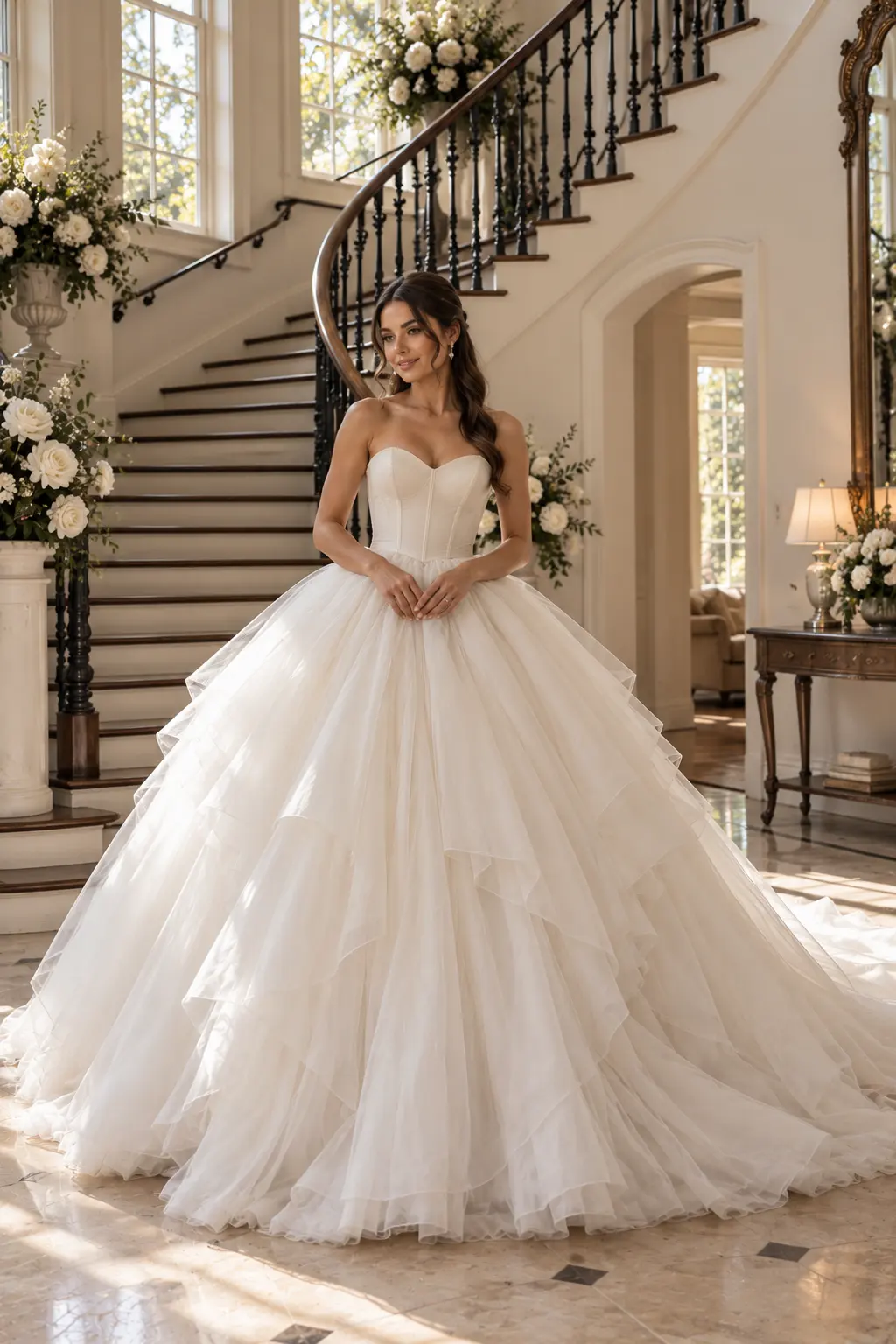 Bride wearing a structured ivory corset-bodice wedding ballgown with a sweetheart neckline and dramatic layered tulle skirt in an elegant home setting.