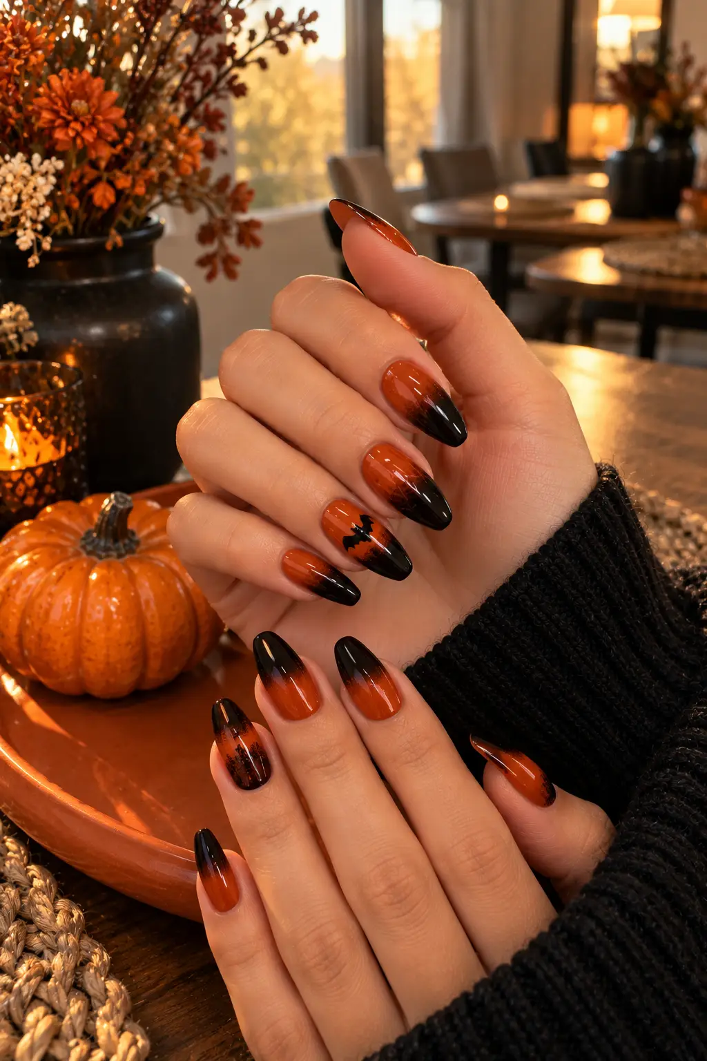 Burnt orange nails fading into black ombre tips with a small black bat on the ring finger