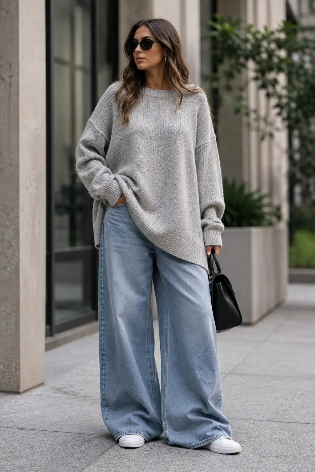 Adult woman wearing oversized wide-leg jeans with an oversized loose sweater, creating a boxy silhouette with little waist definition and demonstrating how too much volume can overwhelm an outfit.