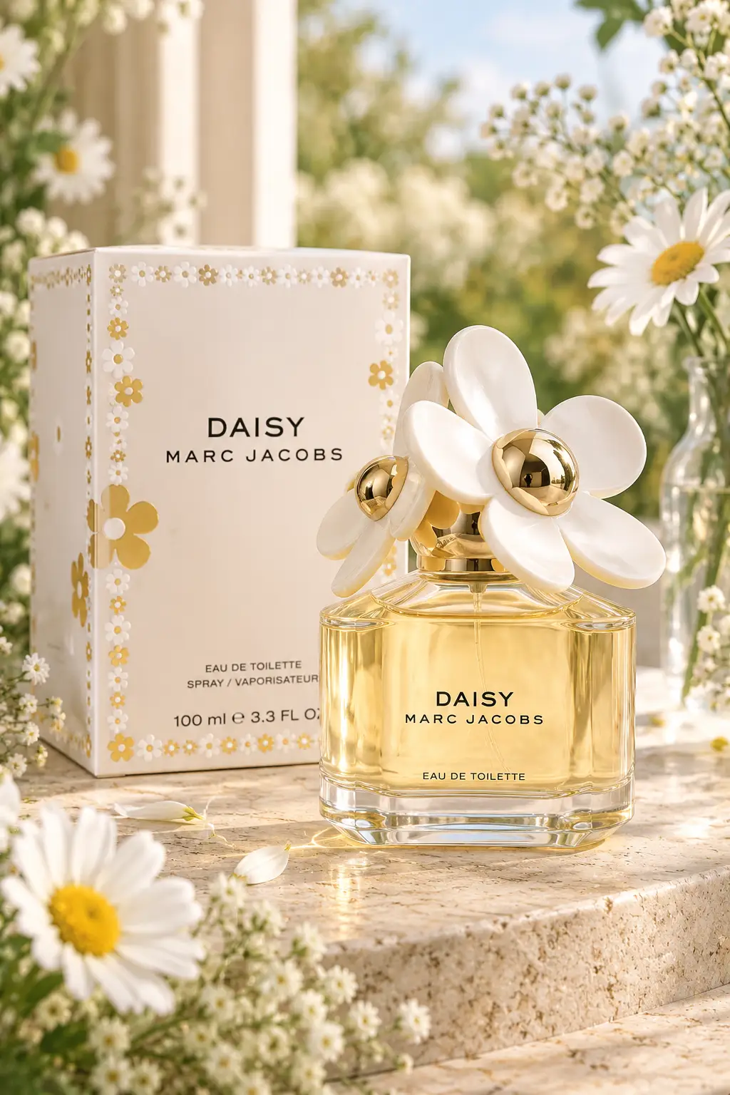 Marc Jacobs Daisy perfume bottle and original fragrance box arranged in a bright floral setting, featuring the distinctive white daisy flower cap and fresh feminine everyday fragrance aesthetic.
