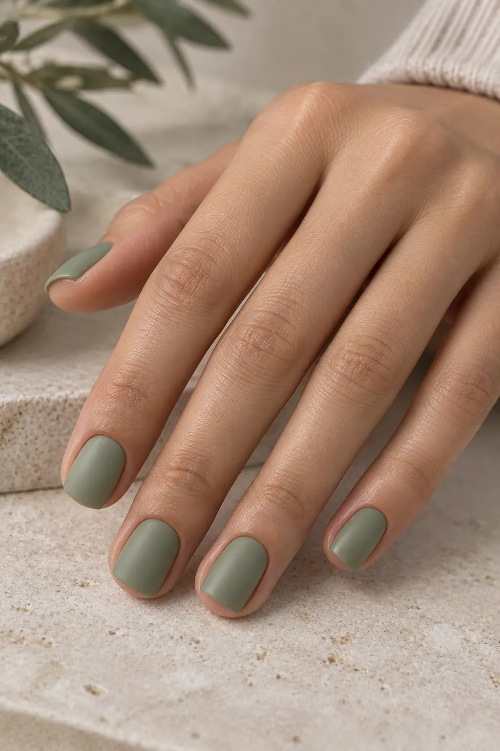 Short square nails finished in a muted sage green matte polish with a soft velvety texture and clean square edges.