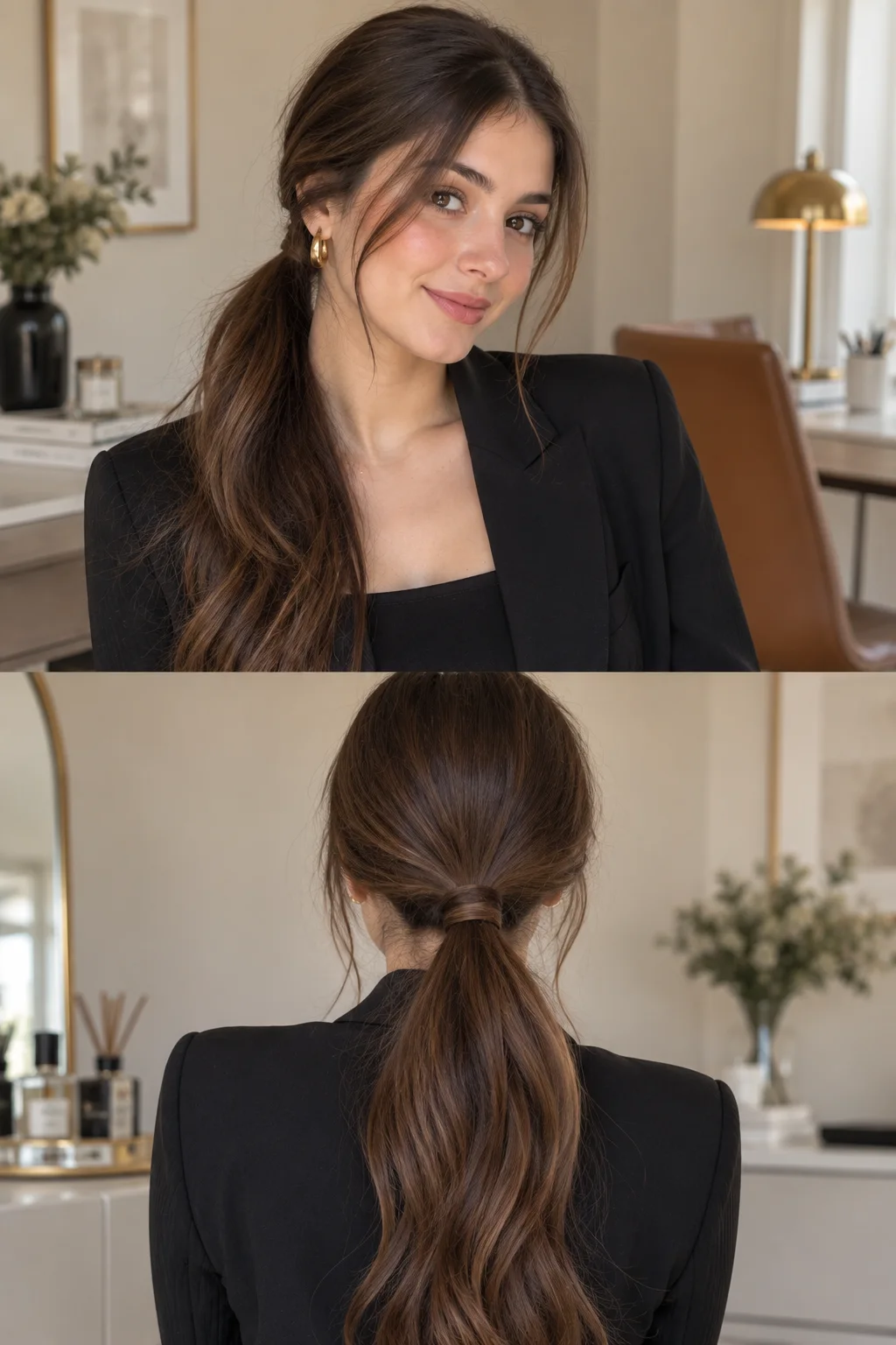 Polished low ponytail with a strand of hair wrapped around the base to hide the hair tie, creating a simple and elegant everyday hairstyle.