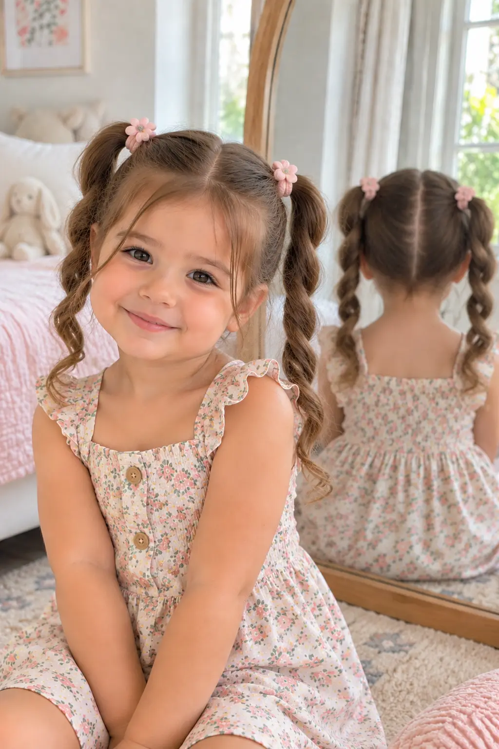 Toddler girl wearing two side ponytails with each ponytail gently twisted for added texture and a playful everyday hairstyle.
