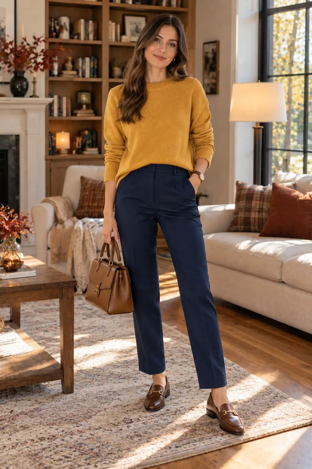 Woman wearing navy blue chinos with a cozy mustard yellow sweater, brown leather loafers, and a brown handbag in a warm autumn-inspired living room.