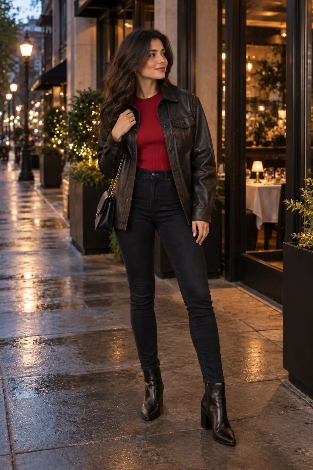 Woman wearing a dark leather shacket over a cherry red fitted top with black jeans and ankle boots for a bold fall fashion look.