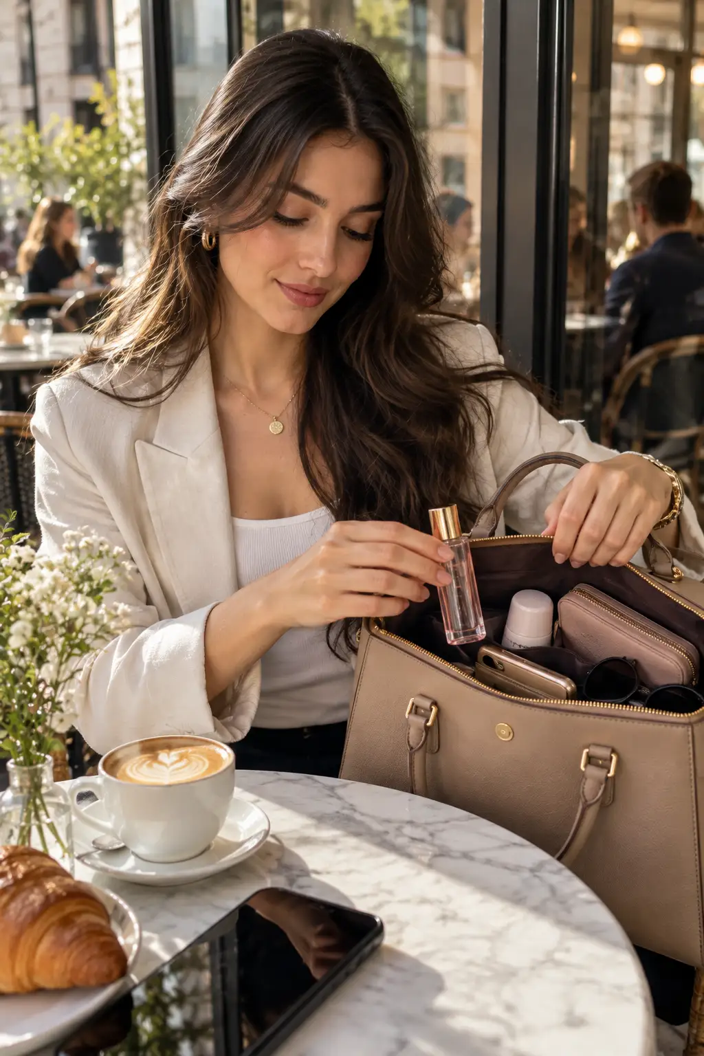 Young woman taking a travel-size perfume from her handbag at a stylish café, with everyday essentials and a compact deodorant visible inside the bag.