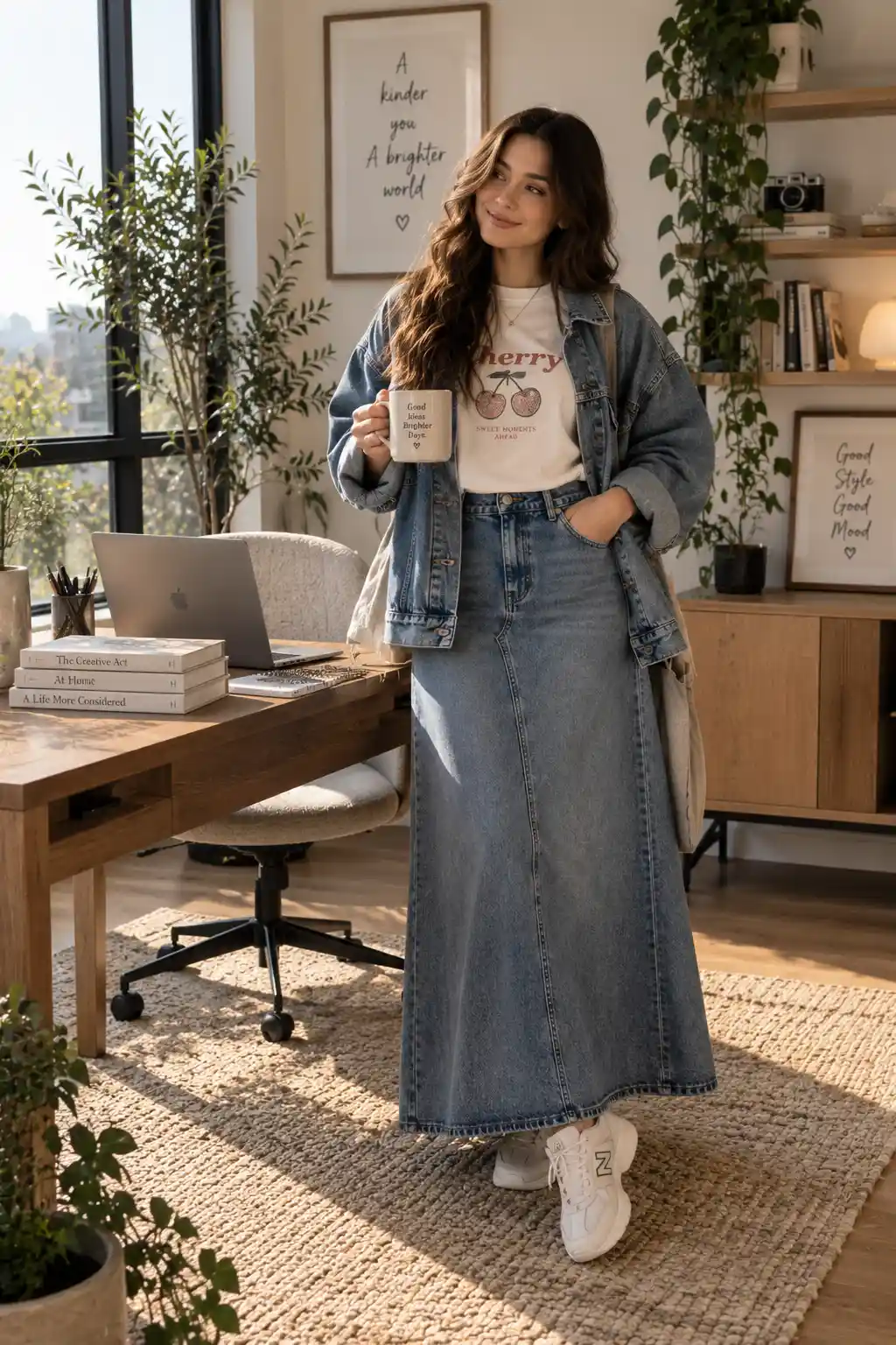 Woman wearing a denim maxi skirt with a graphic T-shirt and oversized denim jacket for a casual modest fashion outfit