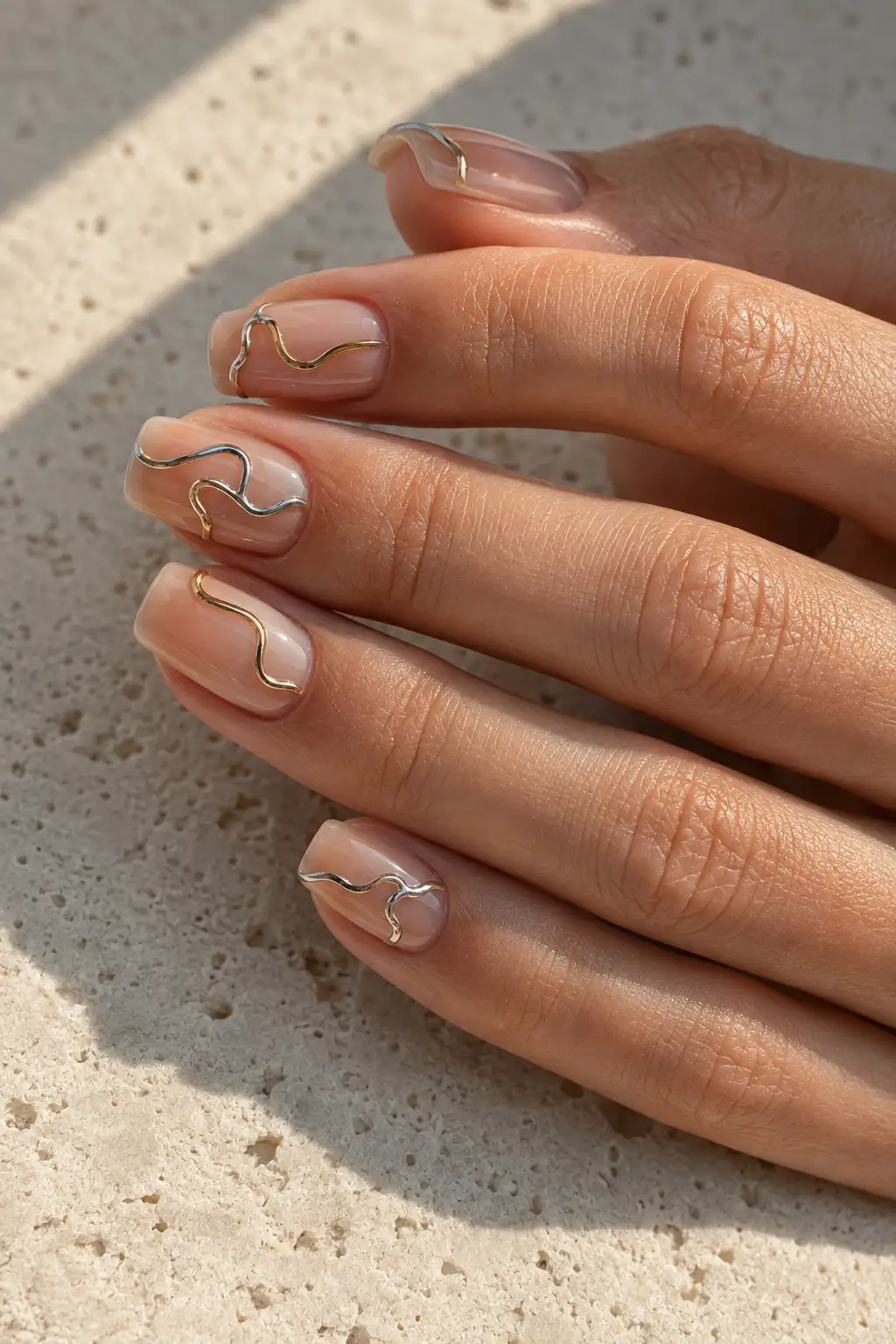 Sheer nude squoval nails decorated with raised abstract metallic wire-like lines in silver and soft champagne gold.