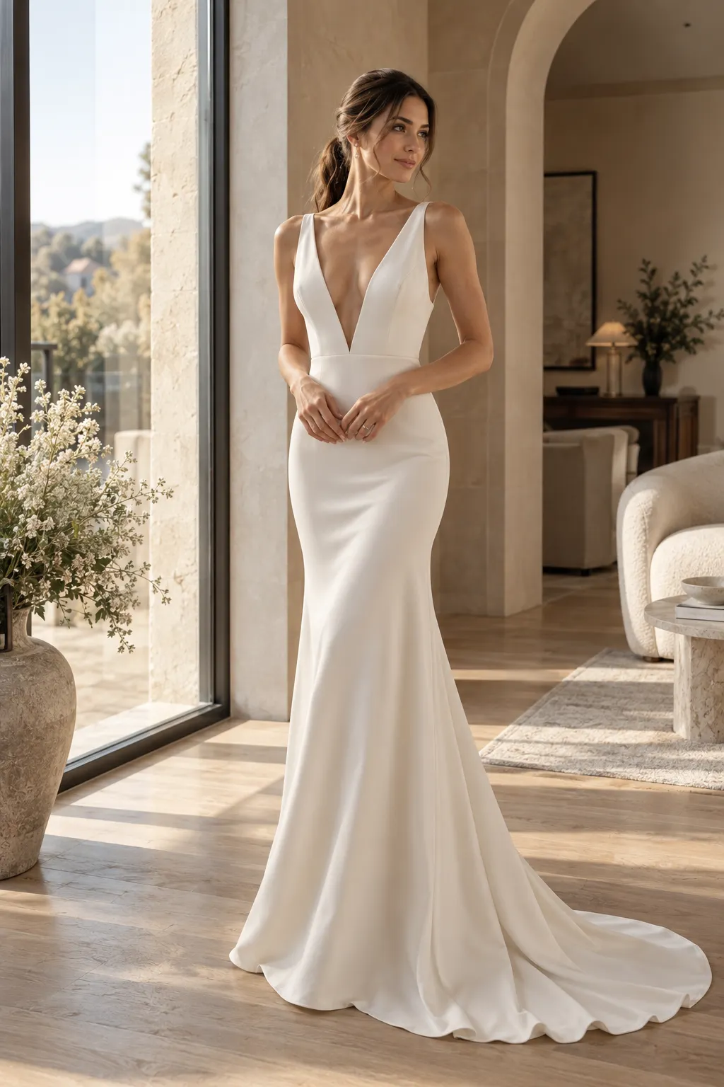 Modern bride wearing a sleek ivory crepe wedding gown with a plunging V-neckline, fitted silhouette, and long sculptural floor-length skirt.