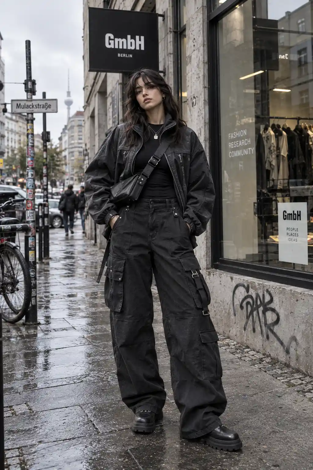 GmbH-inspired women's utilitarian streetwear outfit with a structured technical jacket, black top, wide-leg cargo trousers, leather boots, crossbody bag, and a modern Berlin street setting.