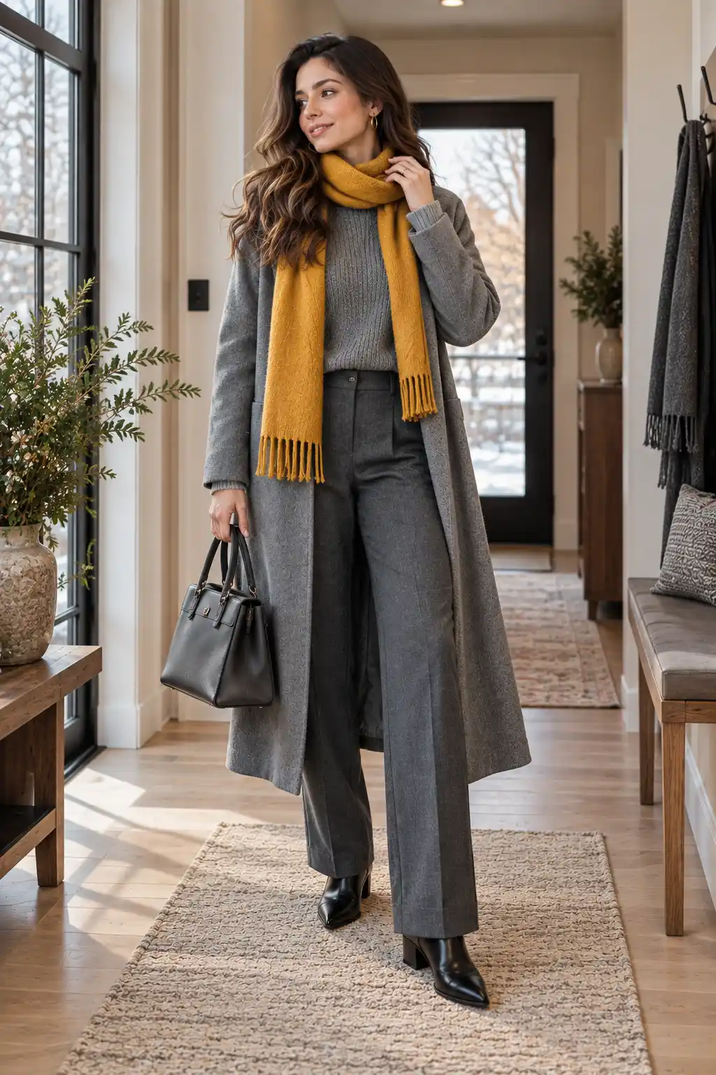 Woman wearing an all grey outfit with a grey sweater, trousers and long coat, styled with a mustard scarf and black boots