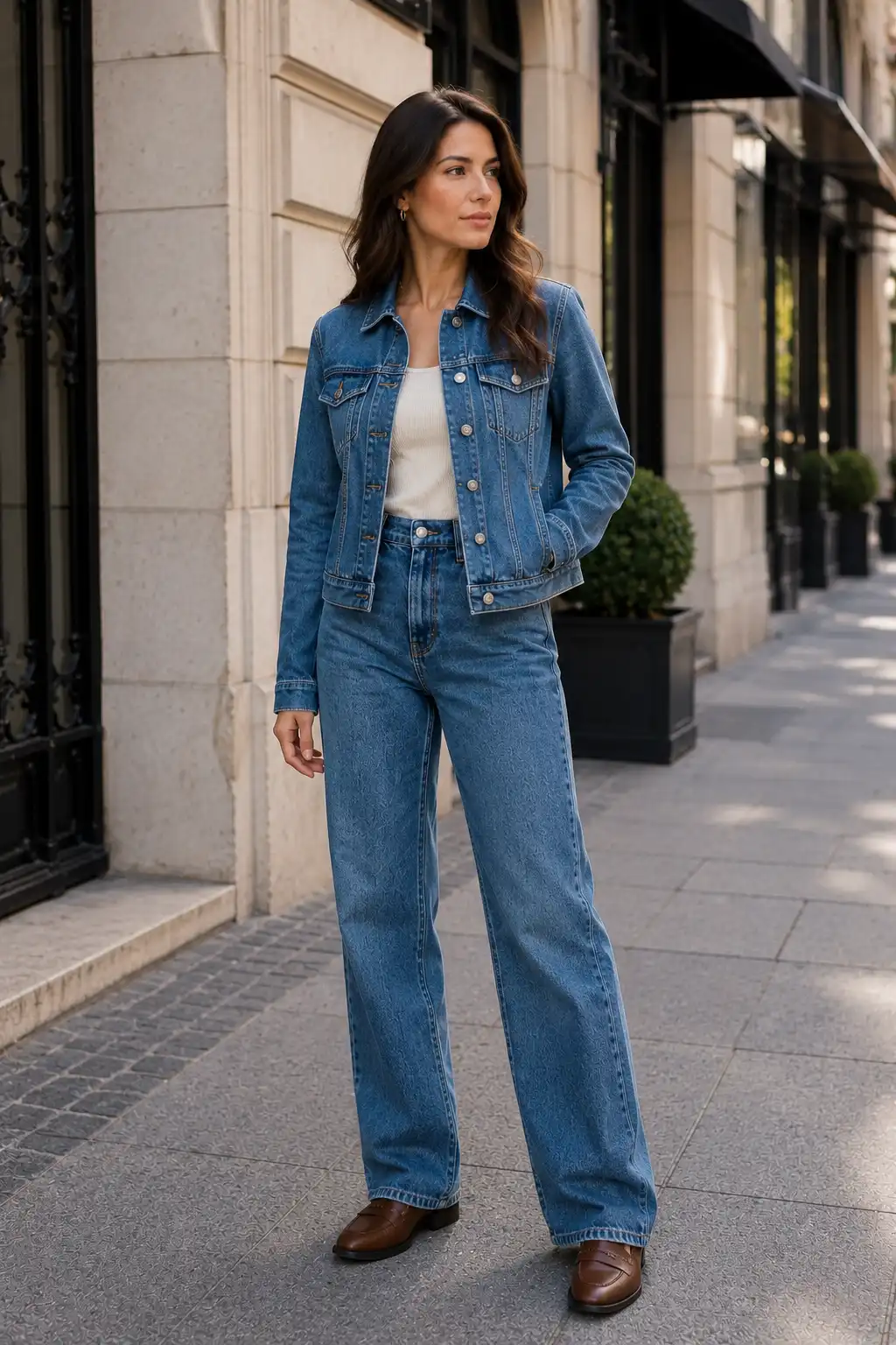 Adult woman wearing a denim jacket and jeans in nearly identical blue washes, creating an overly matched denim-on-denim outfit and demonstrating why mixing denim shades can create a more balanced look.
