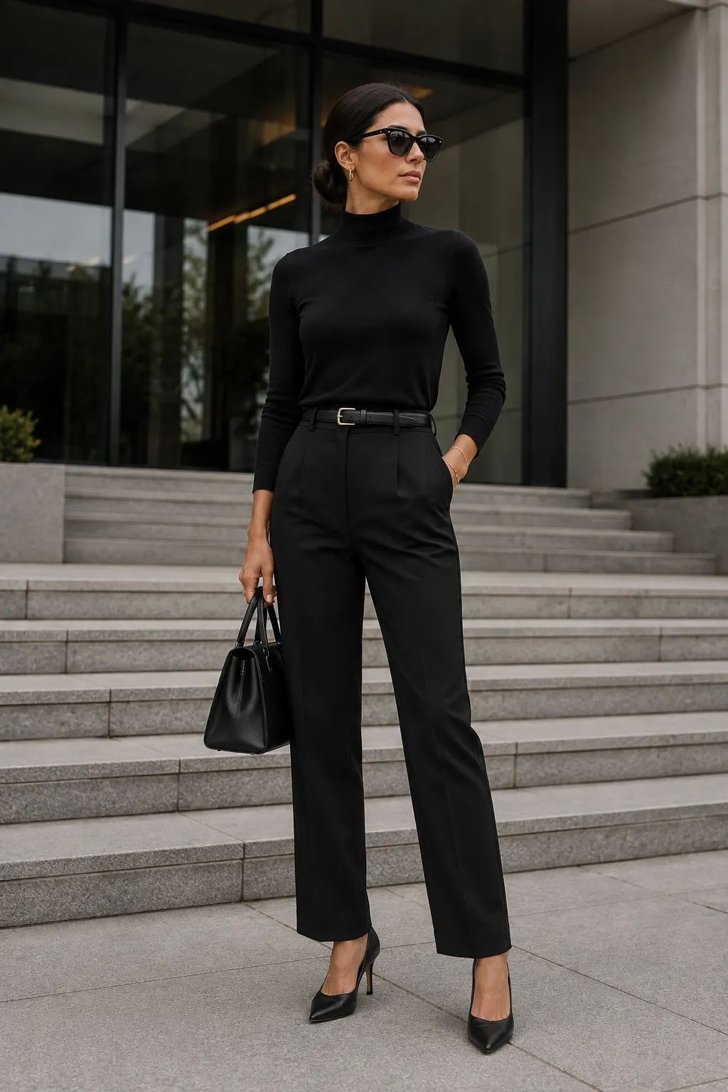 A stylish woman wearing an all-black outfit with a fitted mock-neck top, tailored trousers, leather belt, pointed pumps, structured handbag, and minimal gold jewelry.