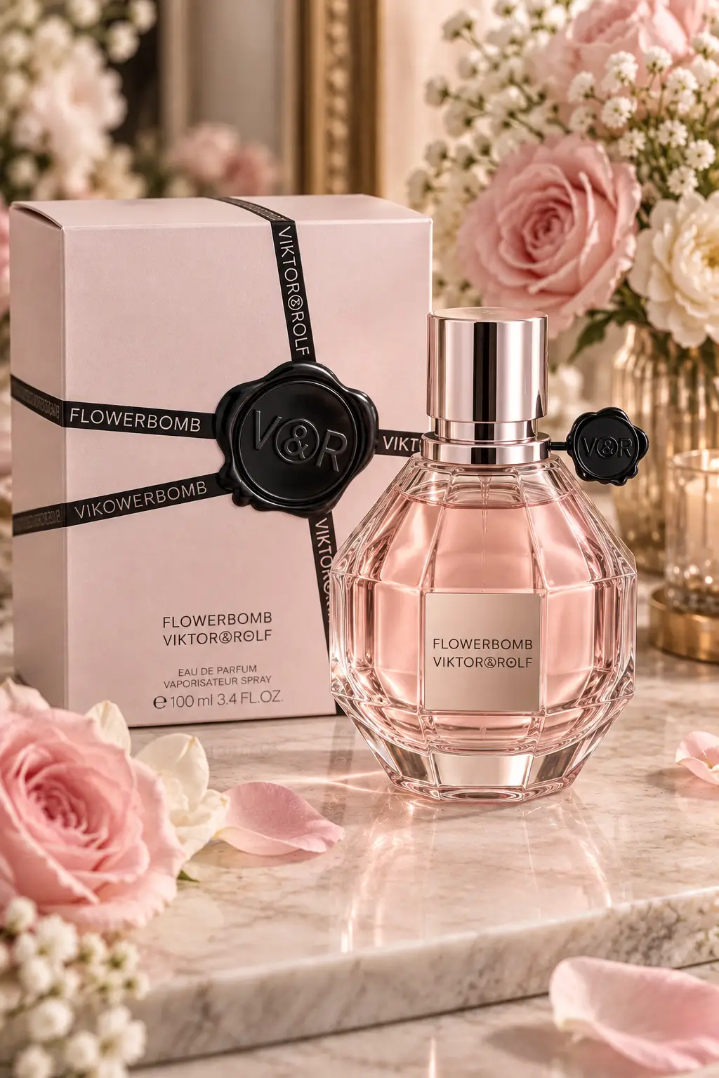Viktor & Rolf Flowerbomb perfume bottle and original fragrance box displayed among soft flowers in a luxurious setting, highlighting the faceted bottle design and sweet floral fragrance aesthetic.