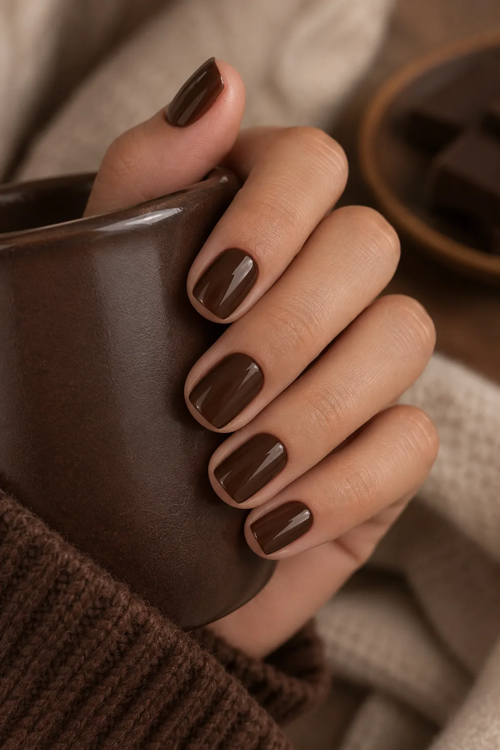 Short square nails coated in rich chocolate brown glossy polish with a smooth espresso-inspired finish.