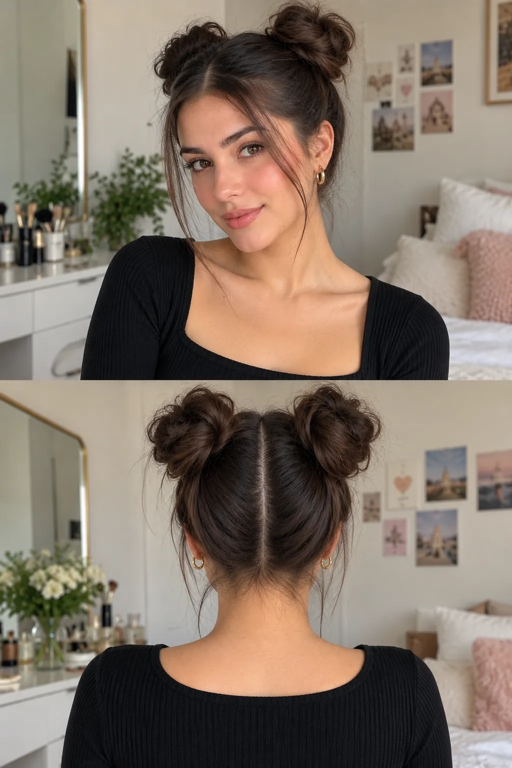 Playful space buns hairstyle with two symmetrical high top knots and natural loose strands, shown from the front and back.