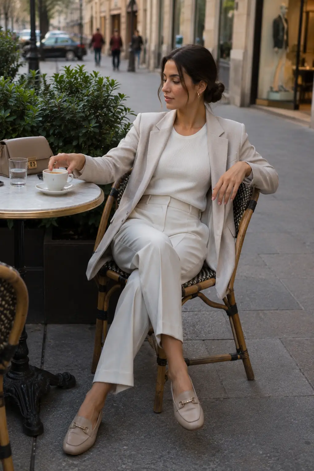 A stylish woman relaxes comfortably at an outdoor café in a polished casual outfit, sitting naturally without adjusting her clothes, illustrating how wearing comfortable pieces can make personal style look effortless.