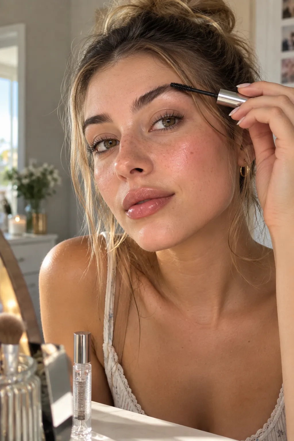 Young woman brushing her eyebrows upward with brow gel for a quick, polished summer beauty look without using a brow pencil.